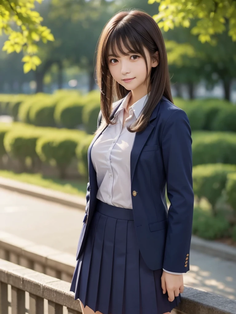 8K, highest quality, The real picture, Intricate details, Very detailed, Ultra-high resolution, Depth Field,(Realistic,Realistic:1.2),Tabletop , (Full Body Shot) , From the middle , 1 girl, eye_Chan, Very beautiful 17 year old girl, innocent big eyes,、Beautiful breasts:1.5、非常に詳細なeye:1.2)、(Beautiful breasts:1.1)、((Brown Hair))、(Semi-long hair), Asymmetrical bangs, Perfect Skin, Fair skin, Small breasts, Tight waist, alone, Staring at the audience, (smile), ((Fold your arms in front of your chest and act arrogantly)), ((楽しそうなsmile)), ((Perfect hand shape)), (Wears a navy blue school blazer uniform:1.3), (Long Bob Hair:1.3), Standing in the park, (The wind is blowing、A navy blue and pink checked miniskirt flips up),