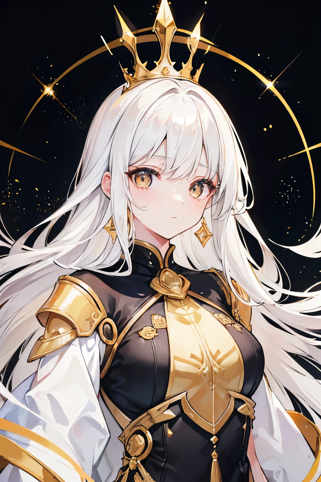 Queen, golden details, shiny clothing, dark clothing, white hair, divine girl, golden earrings, golden and bright aura, bright eyes, black eyes with golden specks.