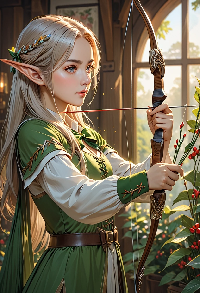 masterpiece, best quality, highres, detailed, Elf tending bows,