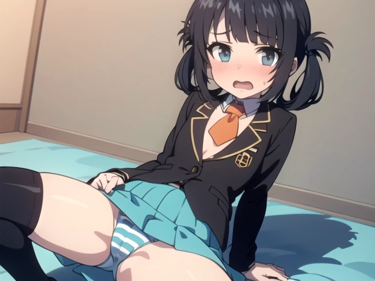 (ultra-highdetail, 8k quality, best quality, extremely detailed illustration,intense shadows, high quality anime illustration, anime coloring,), (shiodome miuna, black hair, short hair, sidelocks, short hair with long locks, twintails, aqua eyes, short stature,), 
cameltoe, front view, low angle, spread legs, very short skirt, pull skirt, pull , front open , blue striped pattern panties, white thighhighs, no bra, nipple, gleaming skin, open mouth, embarrassed, look viewer, five fingers,