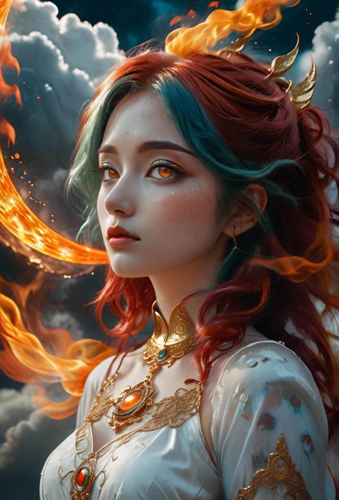 photography, high detail, realistic, ((Kneeling surrounded by clouds in the sky)) Is a girl. The Character eyes shine like jasper, her neck is graven with gold, her skin is lunmious as the moon. Wearing a white dress. Red and orange mix teal hair, burning with fire