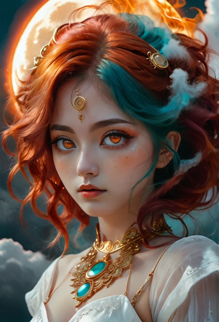 photography, high detail, realistic, ((Kneeling surrounded by clouds in the sky)) Is a girl. The Character eyes shine like jasper, her neck is graven with gold, her skin is lunmious as the moon. Wearing a white dress. Red and orange mix  teal hair, burning with fire