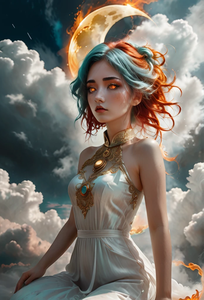 photography, high detail, realistic, ((Kneeling surrounded by clouds in the sky)) Is a girl. The Character eyes shine like jasper, her neck is graven with gold, her skin is lunmious as the moon. Wearing a white dress. Red and orange mix  teal hair, burning with fire