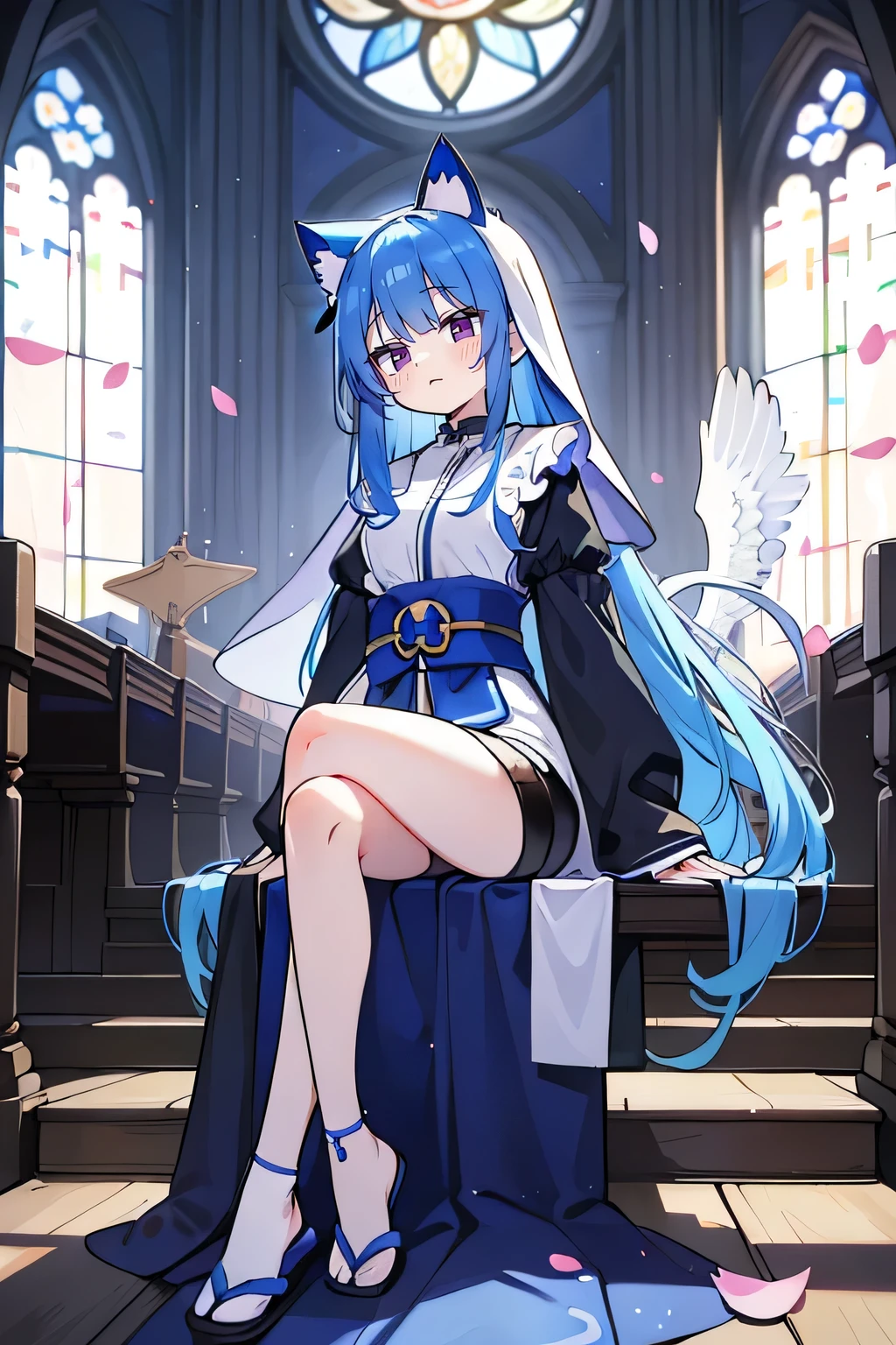 (masterpiece:1.2),Extremely detailed,Practical,expressive eyes,Fair skin,Perfect face shaping,1 Girl,
Japanese cartoons,Gorgeous blue hair, the long flowing blue hair,Floating clothes,Cat ears,Petals fall,beautiful lola,Young Angel,
Place your hands on your waist,sit elegantly on the ground,Cross your legs,Gentle and peaceful background,church,Nun&#39;s Clothes,back view,lie on the water. 