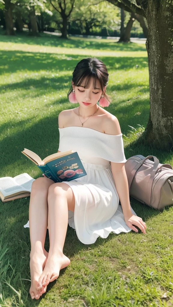 (8k, Photorealistic, Raw photo, Highest quality: 1.4),Japanese idol style1Beautiful girl of the person,18-year-old,Short Bob,Silver Hair,Hang your hair over your ears,Wearing shell earrings in her ears,Big, clear grey eyes,Long eyelashes,Tear bags,There is a blackhead under the left eye,Plump Cheeks,Pink lip gloss for glossy, plump lips,She is wearing an anklet on her left ankle.,She is wearing an off-the-shoulder white dress,sitting on the grass under a tree in the park with his knees stretched out and leaning against the trunk,barefoot,Reading a book,She has her eyes fixed on the book,She is surrounded by the gentle sunlight filtering through the trees.,Full body portrait,View from below