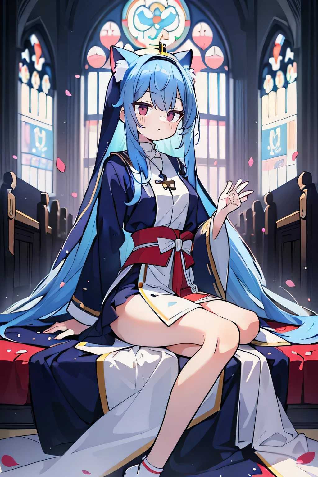 (masterpiece:1.2),Extremely detailed,Practical,expressive eyes,Fair skin,Perfect face shaping,1 Girl,
Japanese cartoons,Gorgeous blue hair, the long flowing blue hair,Floating clothes,Cat ears,Petals fall,beautiful lola,Young Angel,
Place your hands on your waist,sit elegantly on the ground,Cross your legs,Gentle and peaceful background,church,Nun&#39;s Clothes,back view,lie on the water. 