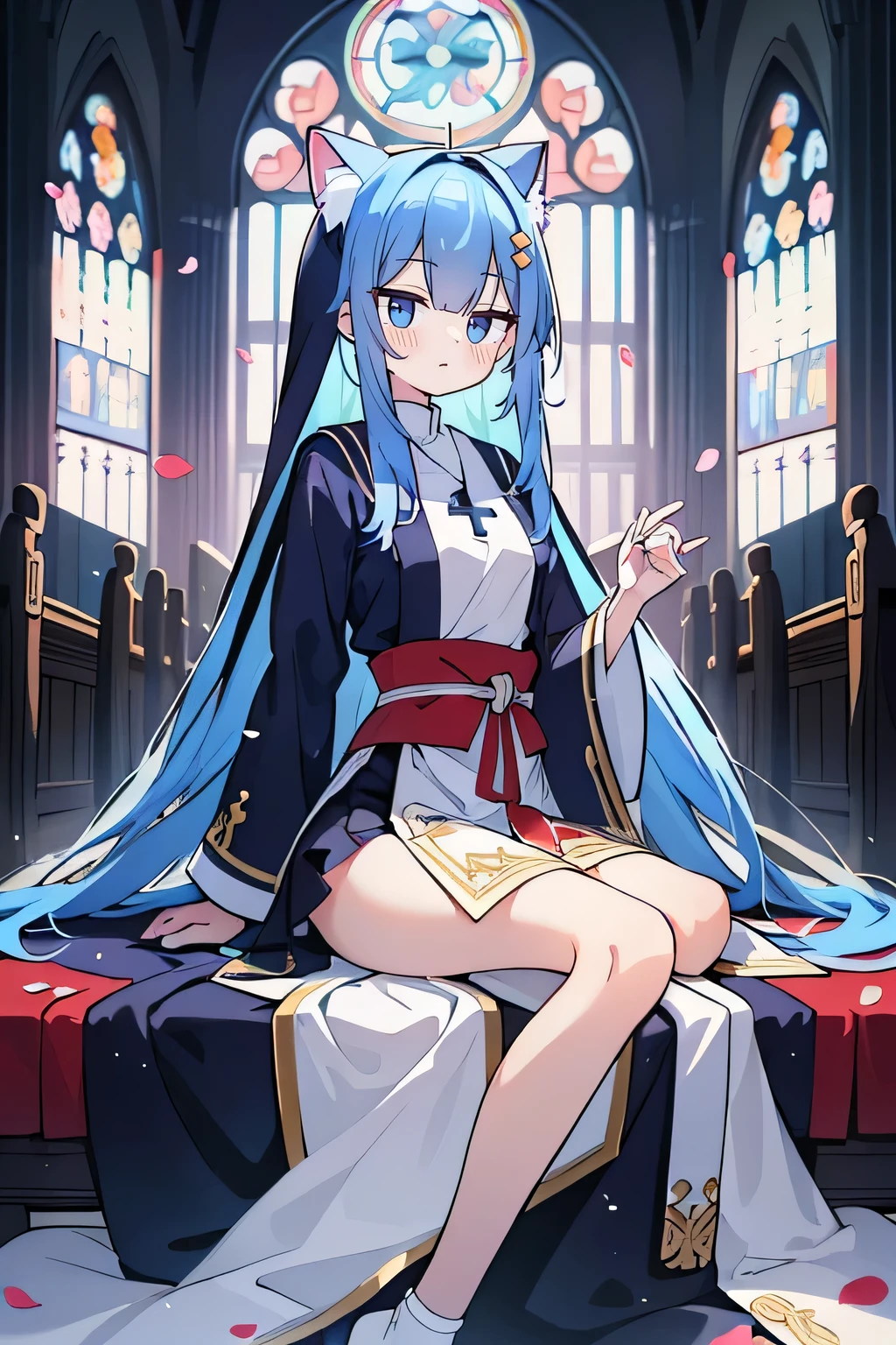 (masterpiece:1.2),Extremely detailed,Practical,expressive eyes,Fair skin,Perfect face shaping,1 Girl,
Japanese cartoons,Gorgeous blue hair, the long flowing blue hair,Floating clothes,Cat ears,Petals fall,beautiful lola,Young Angel,
Place your hands on your waist,sit elegantly on the ground,Cross your legs,Gentle and peaceful background,church,Nun&#39;s Clothes,back view,lie on the water. 