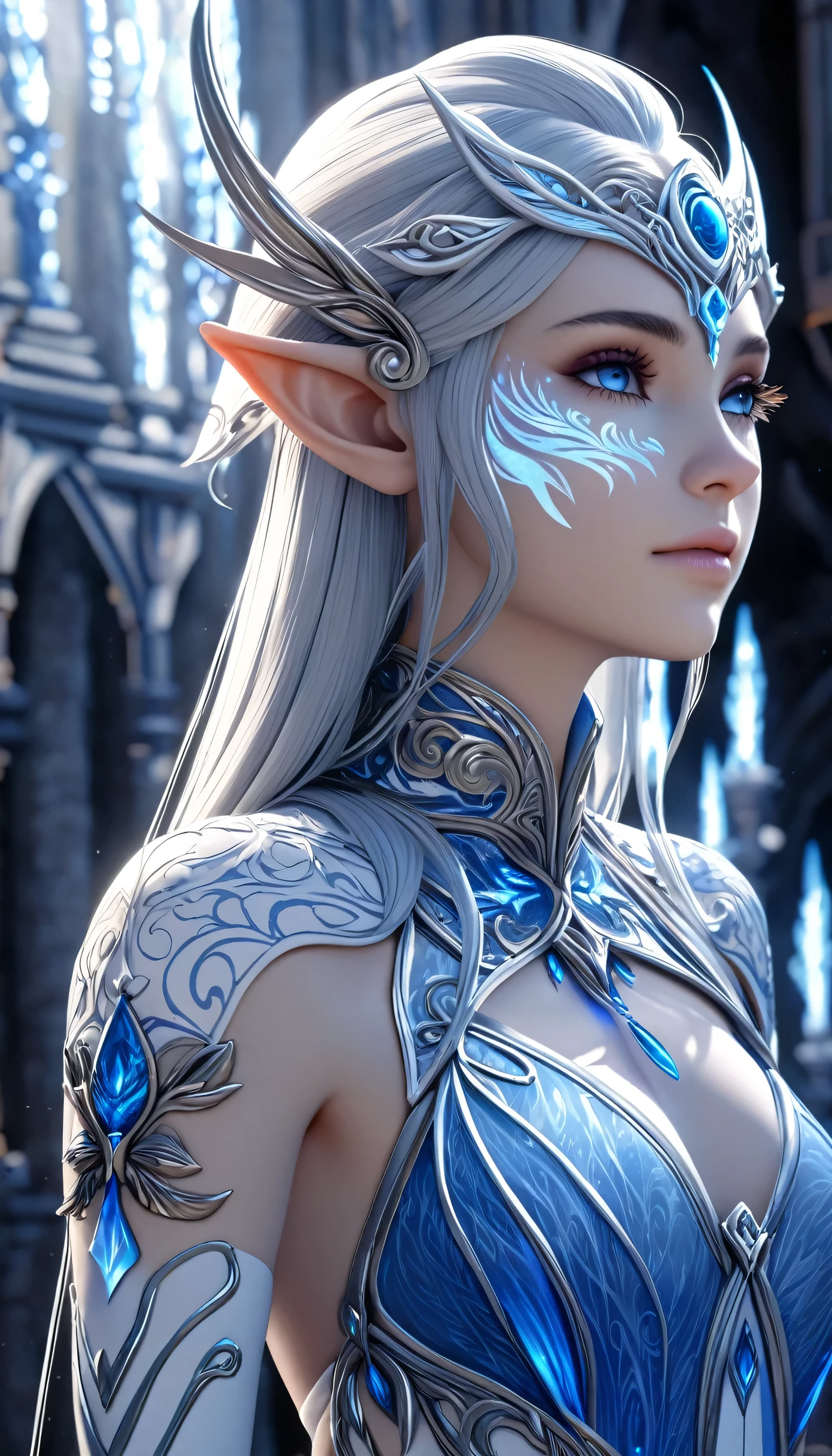 Portrait of an elf entering a dark fantasy world, elaborately painted face, blue and white world, elf painted in blue and white, elf profile, glowing details, (blue smoky aura pouring out of her entire body:1.3), intricate detail rendering, 3D rendering, Octane render, breathtakingly beautiful CG.