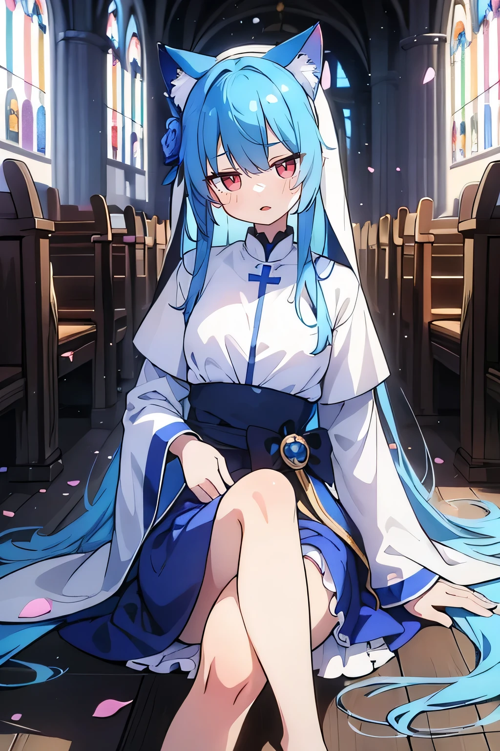 (masterpiece:1.2),Extremely detailed,Practical,expressive eyes,Fair skin,Perfect face shaping,1 Girl,
Japanese cartoons,Gorgeous blue hair, the long flowing blue hair,Floating clothes,Cat ears,Petals fall,beautiful lola,Young Angel,
Place your hands on your waist,sit elegantly on the ground,Cross your legs,Gentle and peaceful background,church,Nun&#39;s Clothes,back view,lie on the water. 