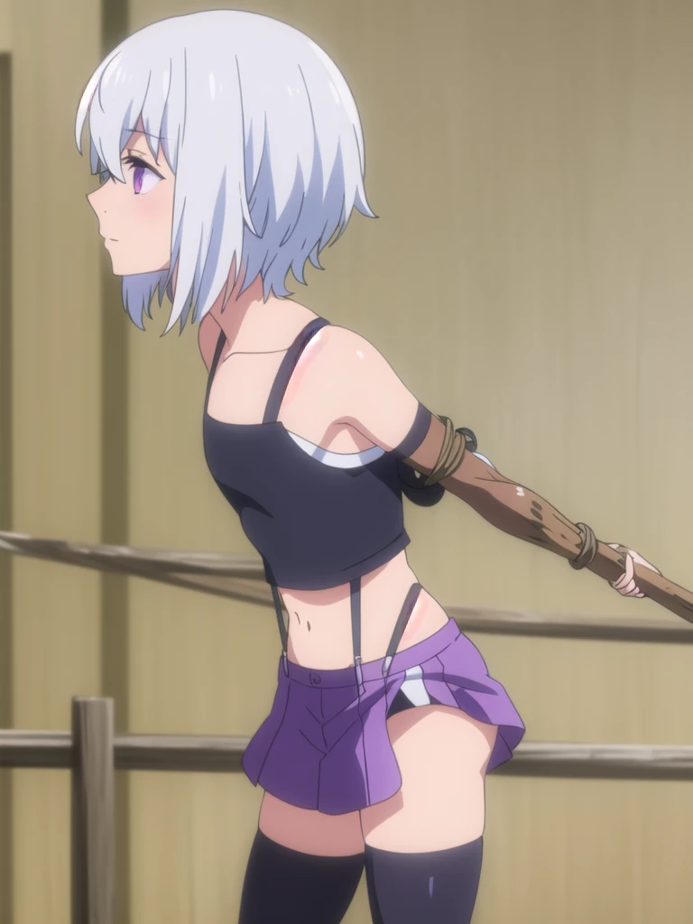 (((Best quality))),((Ultra-detailed)),((illustration)),((Disheveled hair)),((frilld)),(1 girl),
 1girl , arms behind back , bdsm , blurry , blurry background , blurry foreground , bondage , bound , bound ankles , bound arms , bound wrists , box tie , breast bondage , crop top , ****** rope , depth of field , fence , gagged , midriff , navel , photo background , prison , profile , purple eyes , railing , restrained , rope , shibari , shibari over clothes , shirt , short hair , shouji , silver hair , skirt , sliding doors , solo , standing , suspenders , suspension , swing , thighhighs , tied up \(nonsexual\) , white hair ,