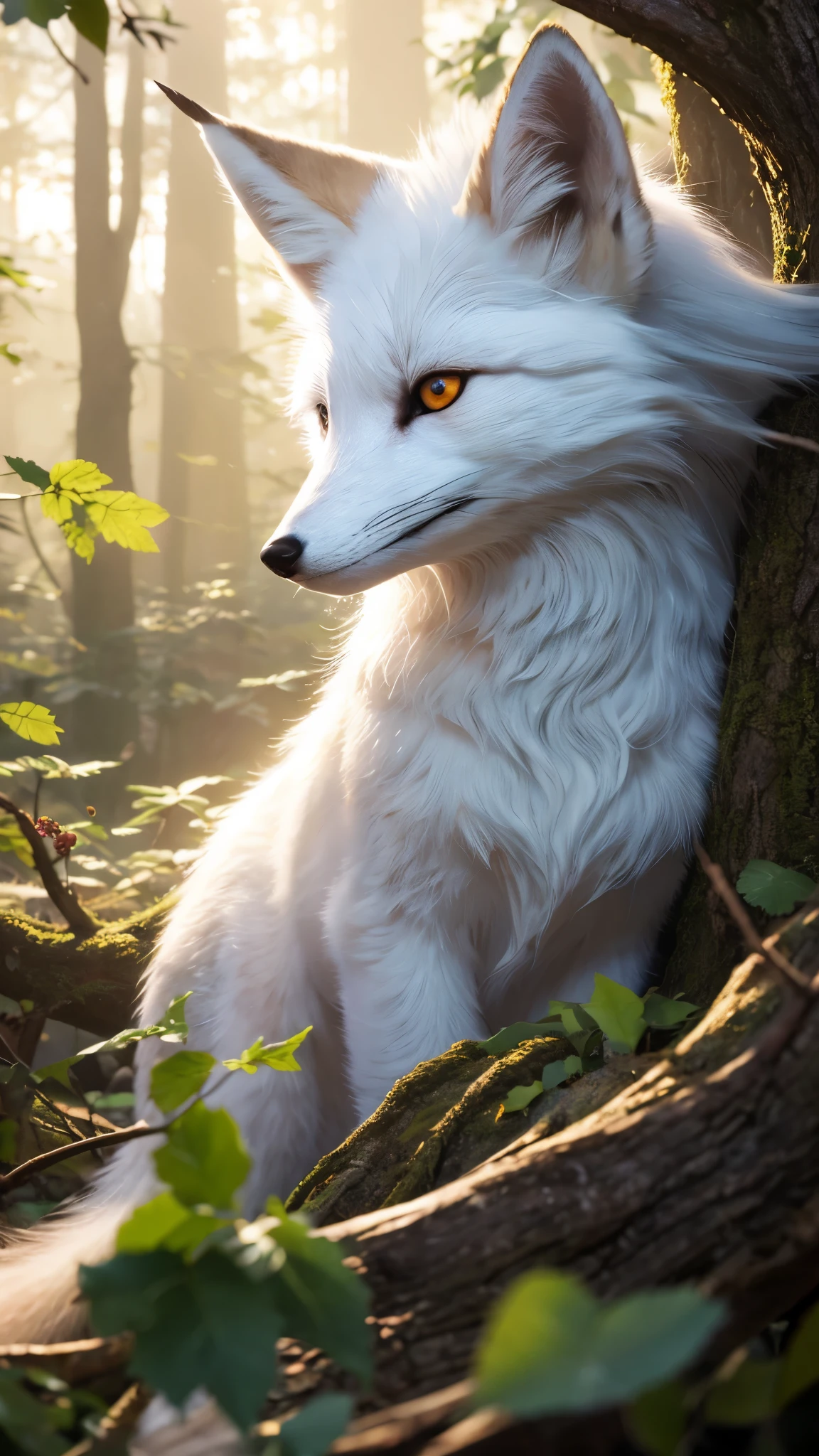 Pictures of living creatures, monster, Magicファンタジーの森, Digital Art, most wonderful artwork in the world, ((No humans)),Volumetric Light, Soft and balanced colours, Forest Scenery, Grapevine, Ultra-high resolution, 8k octane rendered, Magic, wonderful, Mysterious, complicated, complicated design, Ultra Sharp, Shadow, Cool colors, CGSociety Trends, Glowing Eyes, ((highest quality)), ((masterpiece)), (detailed), White fur fox