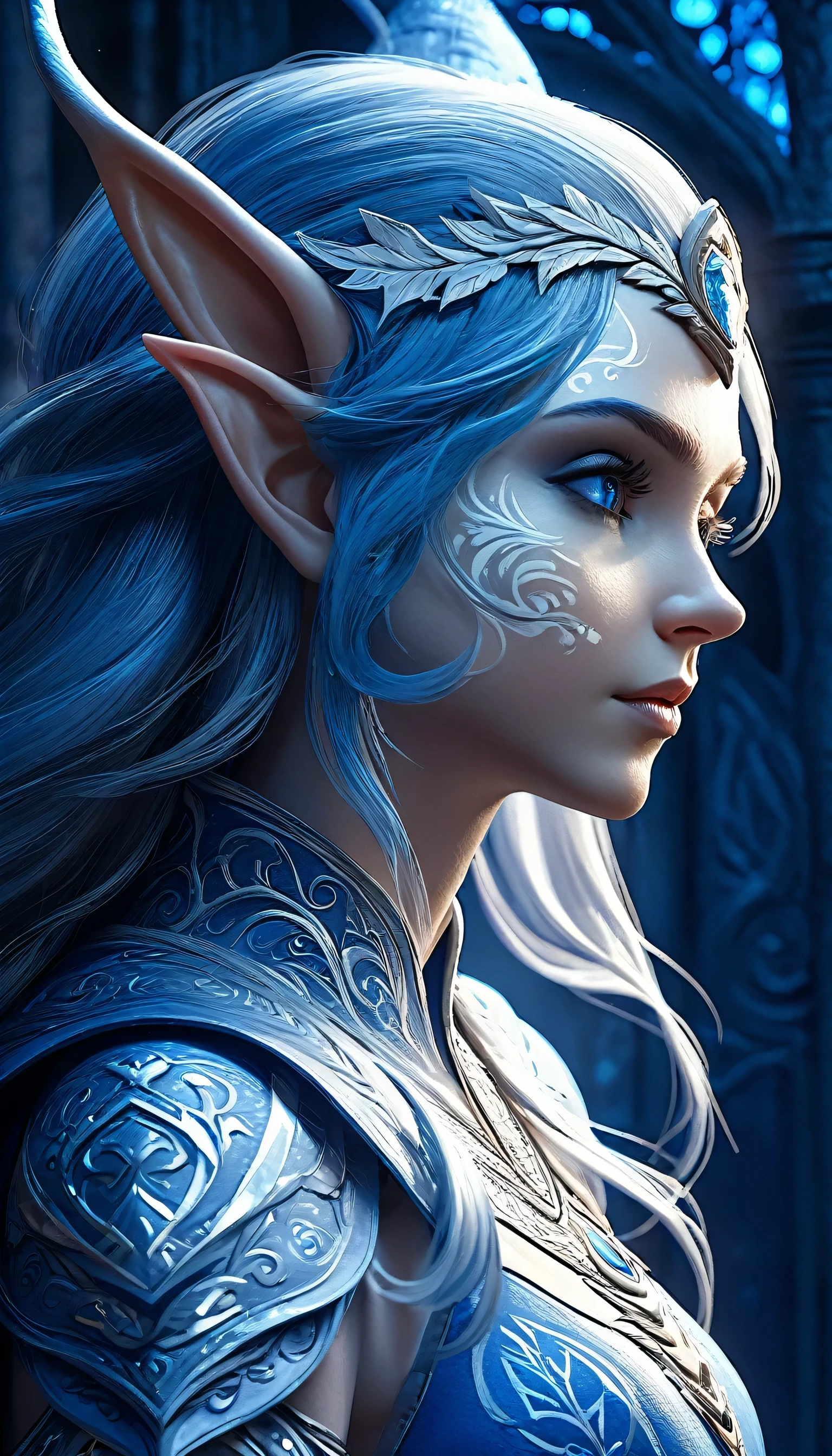 Portrait of an elf entering a dark fantasy world, elaborately painted face, blue and white world, elf painted in blue and white, elf profile, glowing details, intricate detail rendering, 3D rendering, Octane render, breathtakingly beautiful CG.