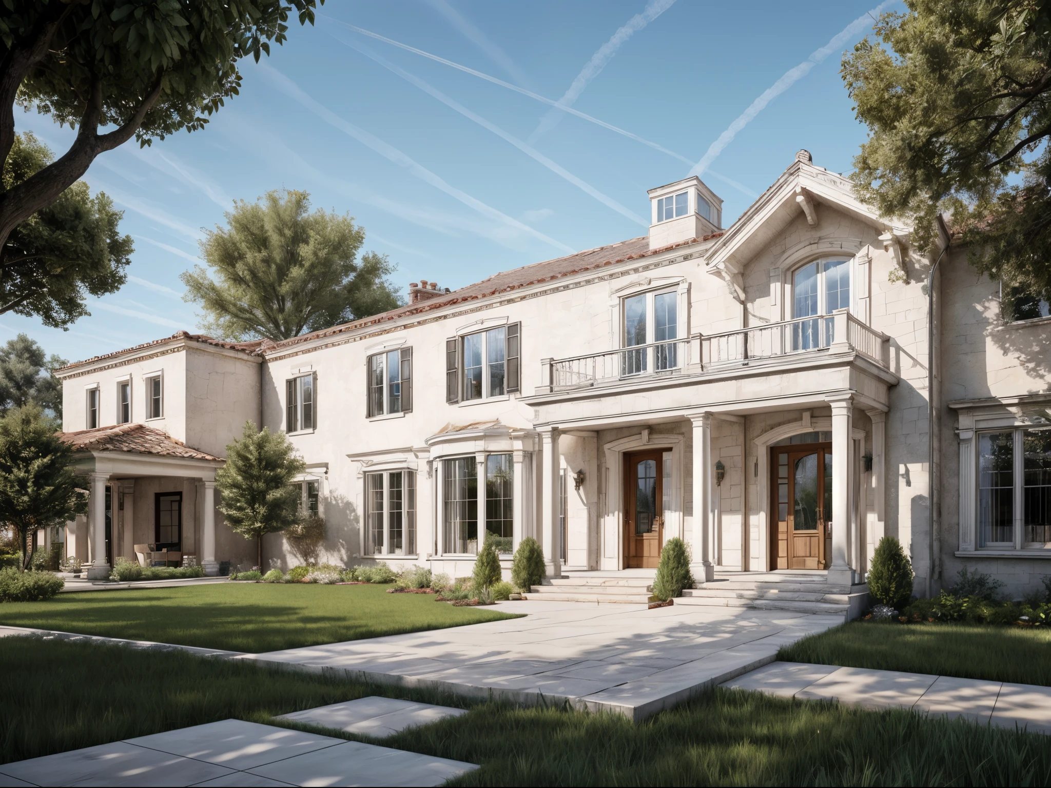 neo classical house architecture, white walls, exterior, classical house, (outdoor:1.2), natural morning light, three step stairs, glass windows, trimmed trees, luxury villa, reflection on glass, (curved line arch:1.2), (realistic:1.3), photorealism, sharp focus, super details, (warm light lamps:1.2),