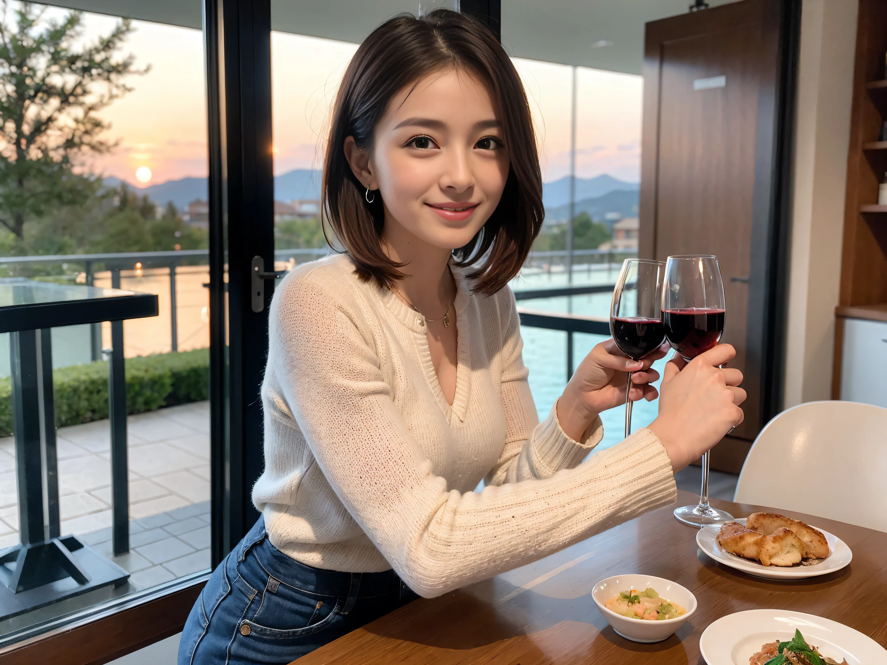 ((highest quality、8k、masterpiece:1.3))、Sharp focus:1.2、Beautiful woman perfect body:1.4、Slim body、((Bob Hale、Straight hair:1.2))、(to be born, highest quality, masterpiece:1.5), (Realistic, Intricate details:1.2), Ultra-high resolution, Amazing view of the sunset sky and clouds、Amazing mountain views、A bright smile、A lovely woman with a smile、Bright image、2. The beauty of wine, Beautiful Face, blue eyes, The light shines on your face, Blushing, short hair,Bright Face、Fox face、 (36 years old), 39 years old, Lady、red wine 、Appetizers、Italian food、Wine bottle、Champagne、sparkling wine、Two beauties、Brown Hair、Shortcuts、Long sleeve shirt、dress、Pretty Woman 1, (Slim face), (The body is slim), (Brown Hair), (Shortcuts), cheeks turn a little red,Attractive beauty、, Out of the window, A beautiful and detailed night view unfolds.........., restaurant, In a prominent place (From the waist up) Nova Frog Style, actress, model, Upper Body, White wine, slim, wine glass, Wine glass placed in the center, smile, (smile: 1.15), Beautiful fine grain, Depth f/2,saturation, High Contrast, Strong light and shadow,Moist Body:1.5、3D texture、Delicate eyes、Brown Hair、The hair is very shiny、