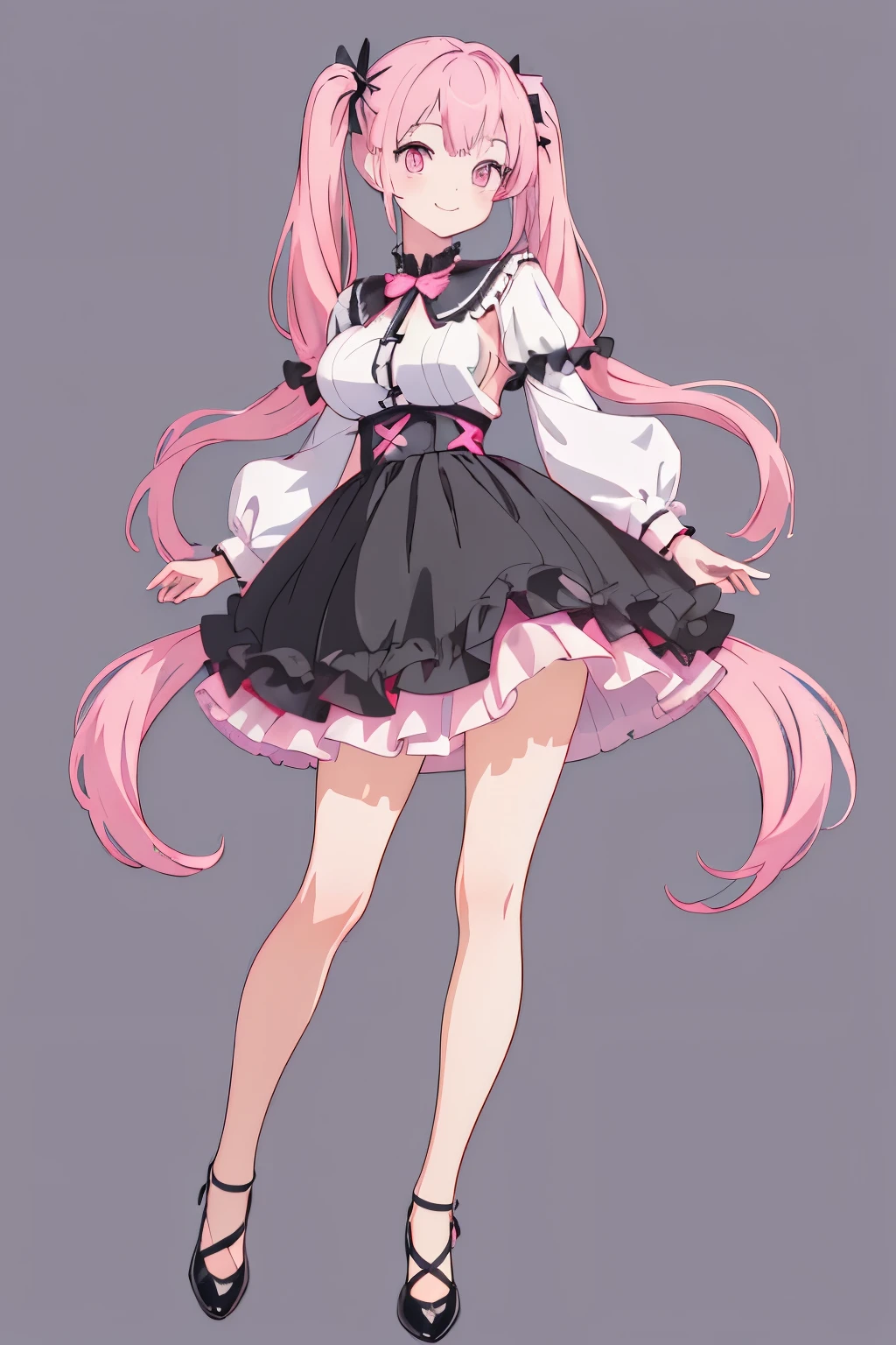 ((masterpiece, highest quality)), Anime, An illustration, simple background, standing , full body , toe, a girl, Big breasts, Pink hair, Twin tails hair, cute smile, black short dress, black shoes, Pink eyes