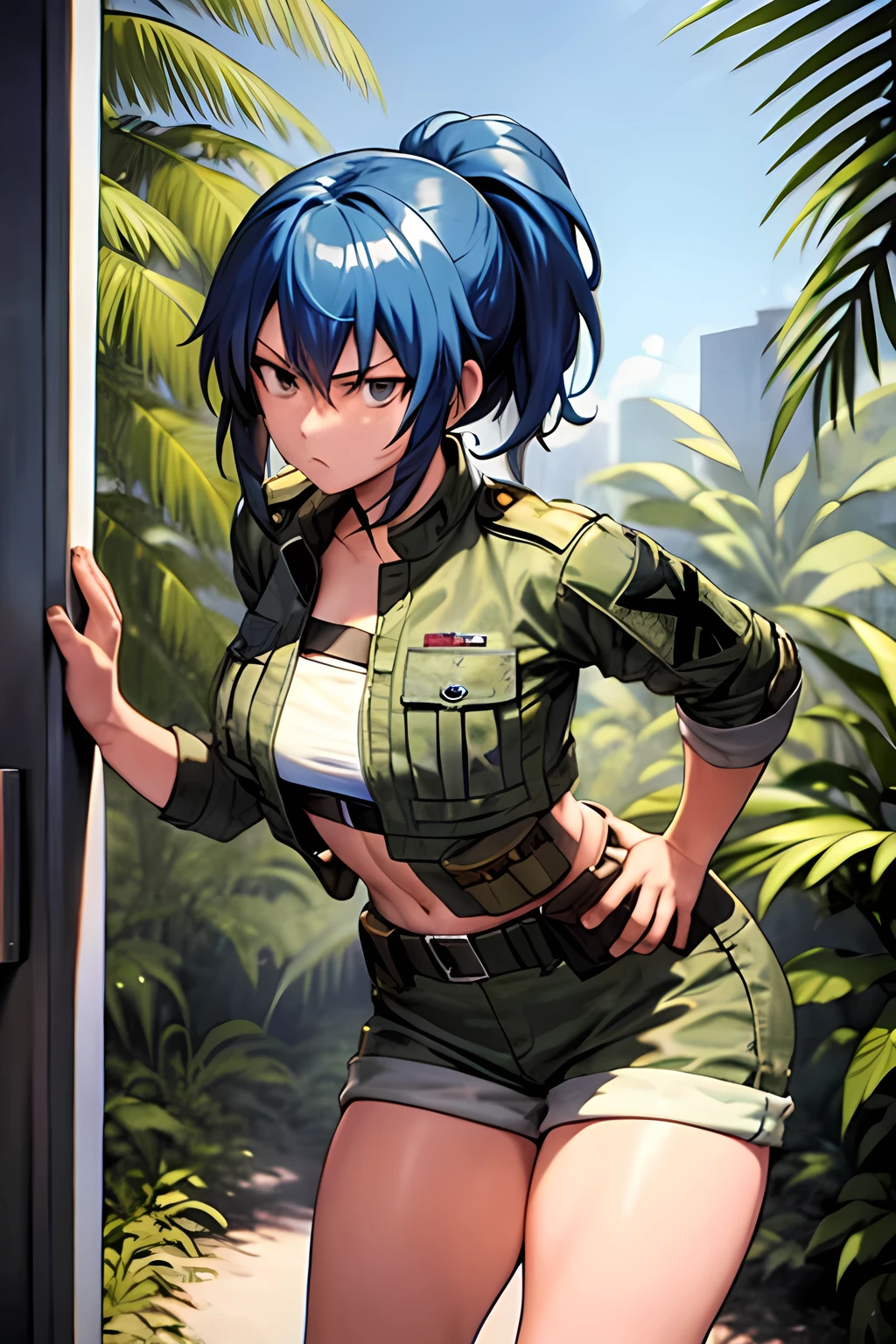 masterpiece, best quality, anime 1990s \(style\, leona heidern, mini top , short,, jungle, tactical, pony tail, serious, cammo, army, soldier, blue hair.