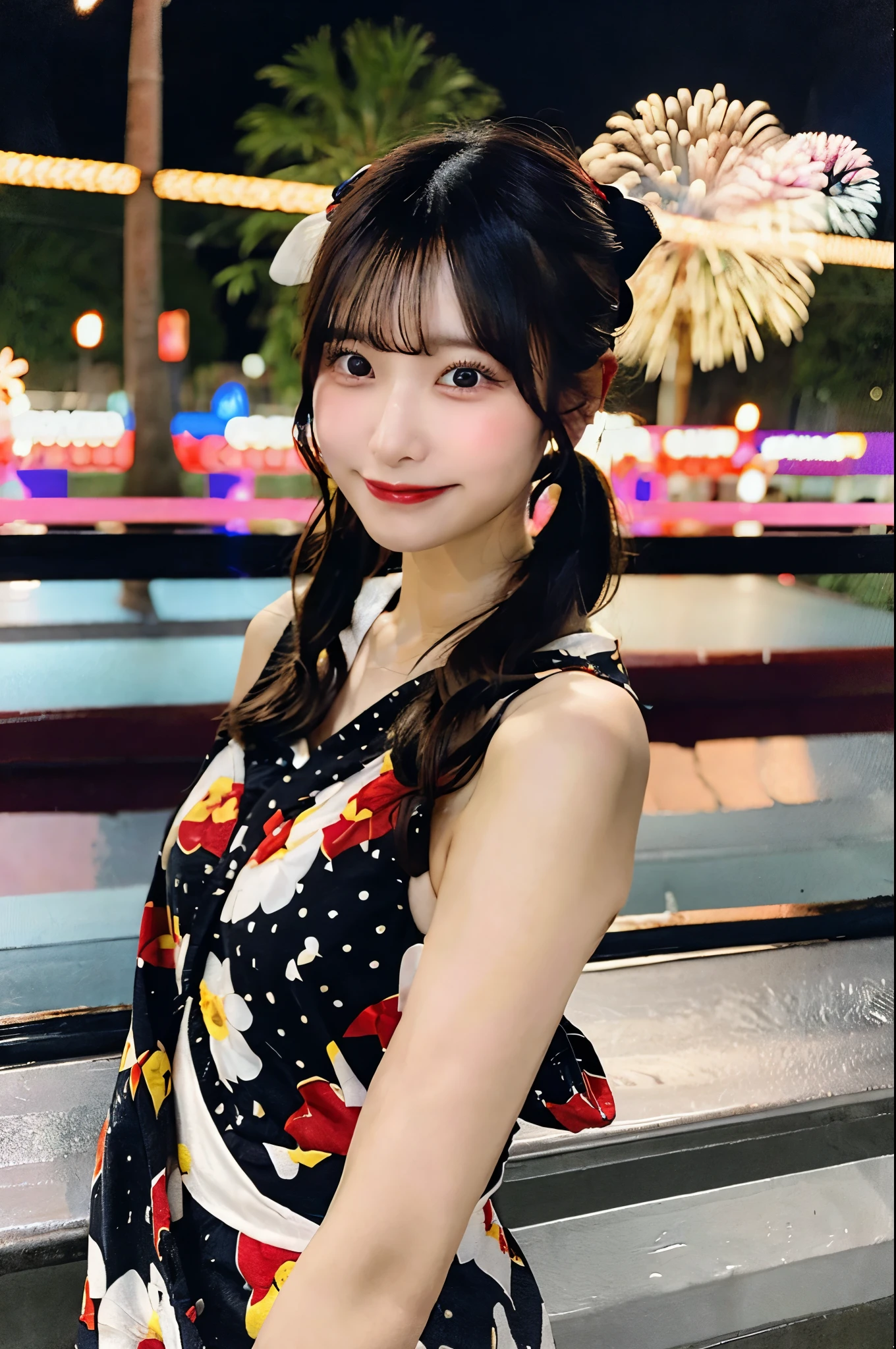 go out、whole bodyの夏のyukata姿、Large polka dot fabric、night、Fireworks display、Black hair in a ponytail、yukata、Very large breasts、Very thin and long legs、Perfect figure、whole body、smile)、1 female、No makeup、23 years old、(masterpiece、8K,RAW Photos、High resolution:1.4)