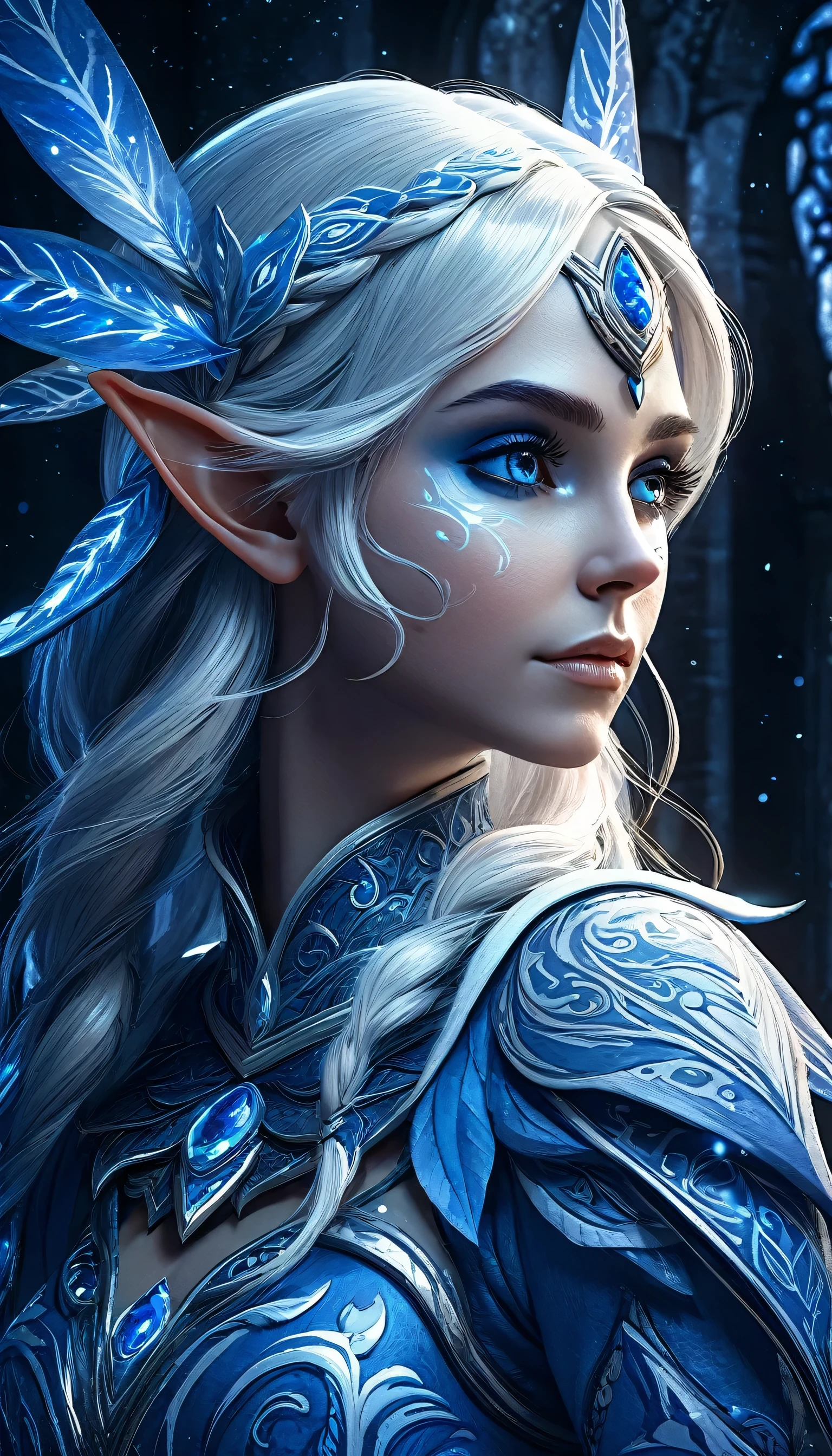 Portrait of an elf entering a dark fantasy world, elaborately painted face, blue and white world, elf painted in blue and white, elf profile, glowing details, intricate detail rendering, 3D rendering, Octane render, breathtakingly beautiful CG.