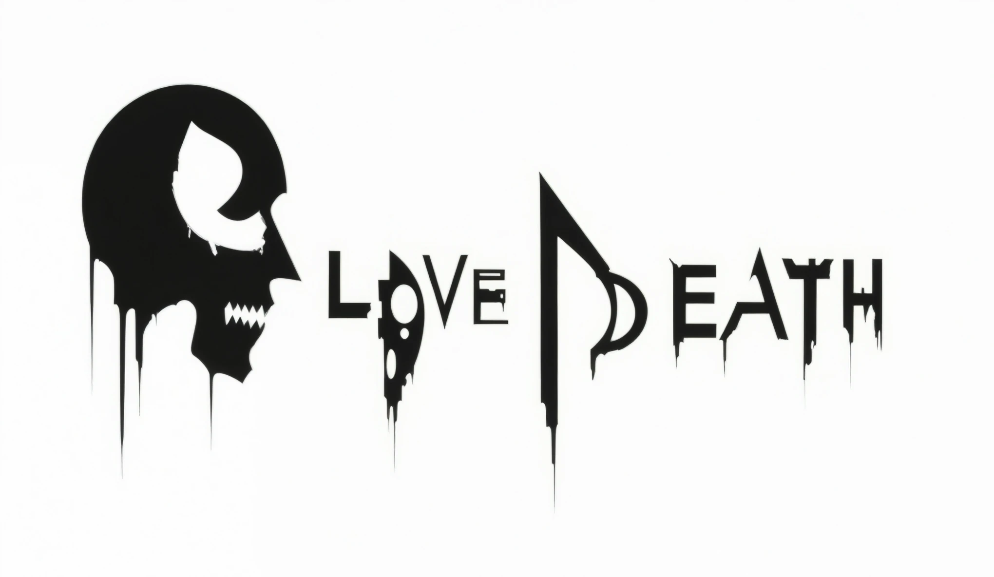 Create a simple and elegant“Love, Death, and Robots" logo, shedding niobium tears. The design should convey a strong sense of sadness and melancholy, using a minimalist approach with clear lines and using only high contrast deeply black, nicola samori,ben templsmith,Irina Yermolova