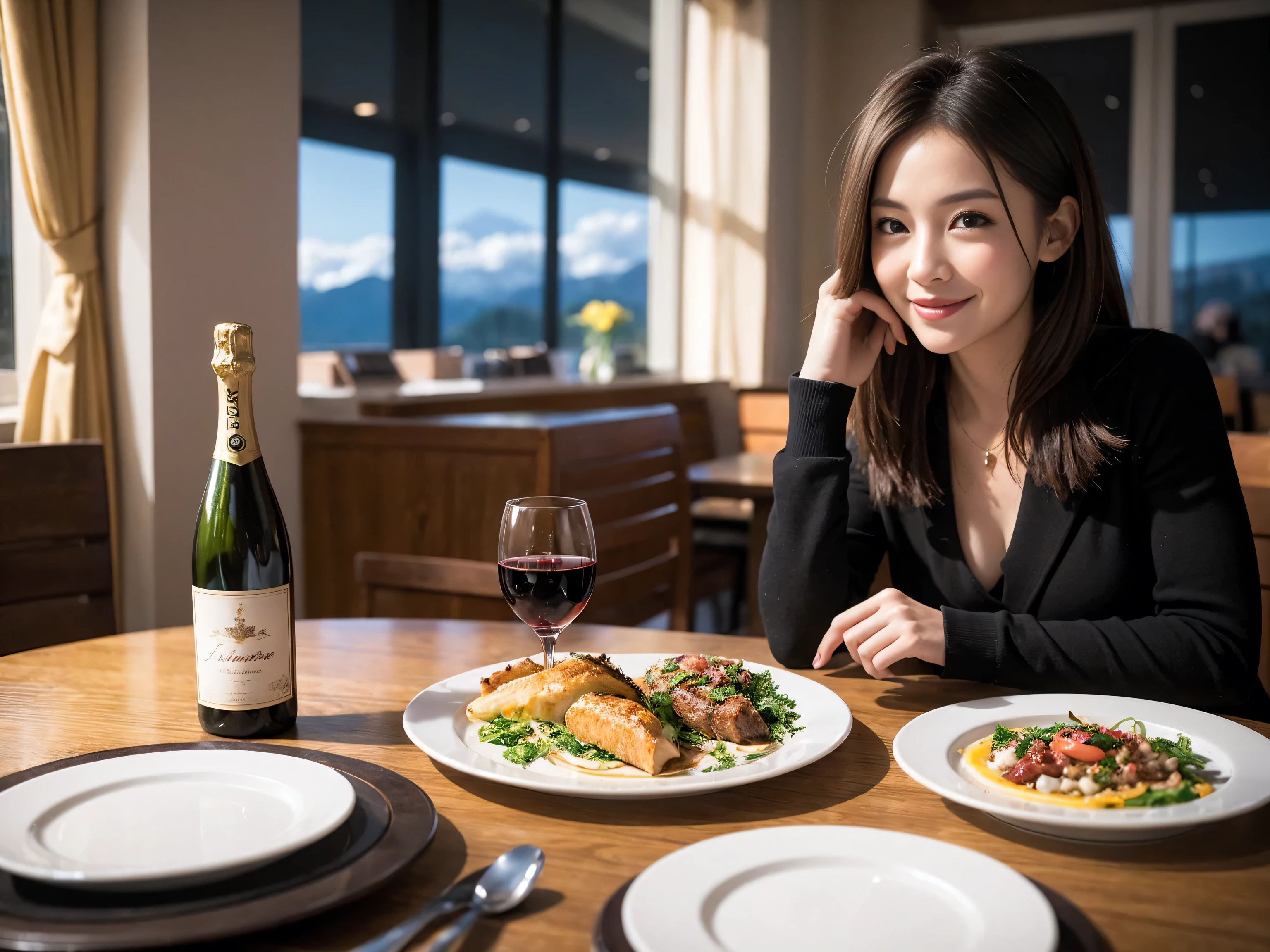 ((highest quality、8k、masterpiece:1.3))、Sharp focus:1.2、Beautiful woman perfect body:1.4、Slim body、((Bob Hale、Straight hair:1.2))、(to be born, highest quality, masterpiece:1.5), (Realistic, Intricate details:1.2), Wine glass on the table、Put the light on your face、 Amazing view of the sunset sky and clouds、Amazing mountain views、A bright smile、A lovely woman with a smile、Bright image、2. The beauty of wine, Beautiful Face, blue eyes, The light shines on your face, Blushing, short hair,Bright Face、Fox face、 (43 years old), 39 years old, Lady、red wine 、Appetizers、Italian food、Wine bottle、Champagne、sparkling wine、Two beauties、Brown Hair、Shortcuts、Long sleeve shirt、dress、Pretty Woman 1, (Slim face), (The body is slim), (Brown Hair), (Shortcuts), cheeks turn a little red,Attractive beauty、, Out of the window, A beautiful and detailed night view unfolds.........., restaurant, In a prominent place (From the waist up) Nova Frog Style, actress, model, Upper Body, White wine, slim, wine glass, Wine glass placed in the center, smile, (smile: 1.15), Beautiful fine grain, Depth f/2,saturation, High Contrast, Strong light and shadow,Moist Body:1.5、3D texture、Delicate eyes、Brown Hair、The hair is very shiny、