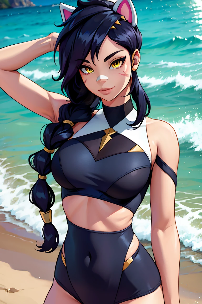 Erisa, 1girl, solo, long hair, looking at viewer, black hair, bandaid on face, yellow eyes, animal ears, smile, bandaid on nose, braid, cat ears, bandaid, bangs, breasts, fake animal ears, simple background, fang, bare shoulders, scar, bare shoulders, closed mouth, hair over one eye, portrait, hair over shoulder, legs, seductive, bathing suit, 2 piece swimsuit, beach, realistic, highly detailed face, detailed eyes, best quality, masterpiece, ultra detail, ultra high res, extreme detail, 8k, uhd, voluptuous