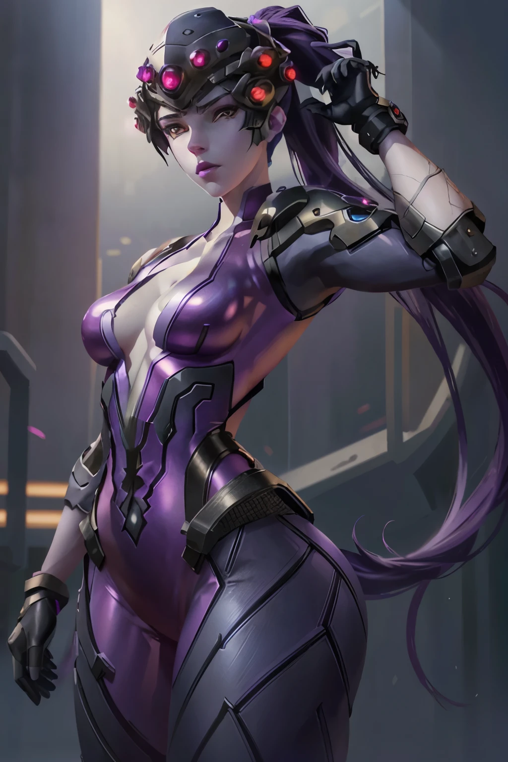 WidowOver, 1girl, solo, widowmaker \(overwatch\), head-mounted display, yellow eyes, colored skin, long hair, ponytail, breasts, looking at viewer, purple skin, upper body, purple hair, bodysuit, gradient, medium breasts, pink bodysuit, cleavage, hair pulled back, parted lips, lips
