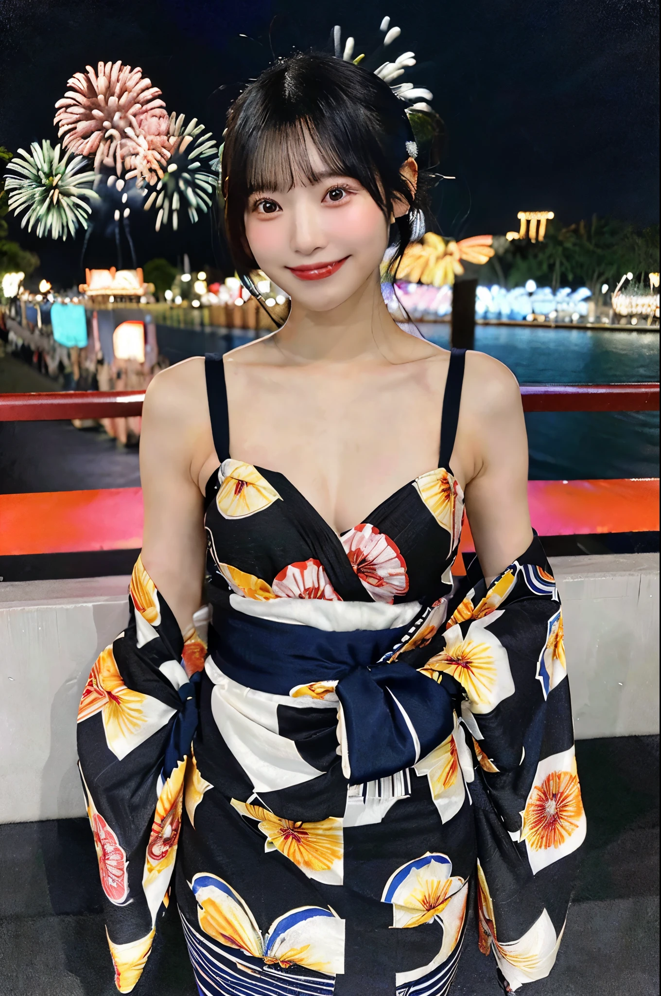 whole body、yukata姿、Striped fabric、night、Fireworks display、Black hair in a ponytail、yukata、(Very large breasts、Very thin and long legs、Perfect figure、whole body、smile）、1 female、No makeup、23 years old、（masterpiece、8K,RAW Photos、High resolution:1.4）
