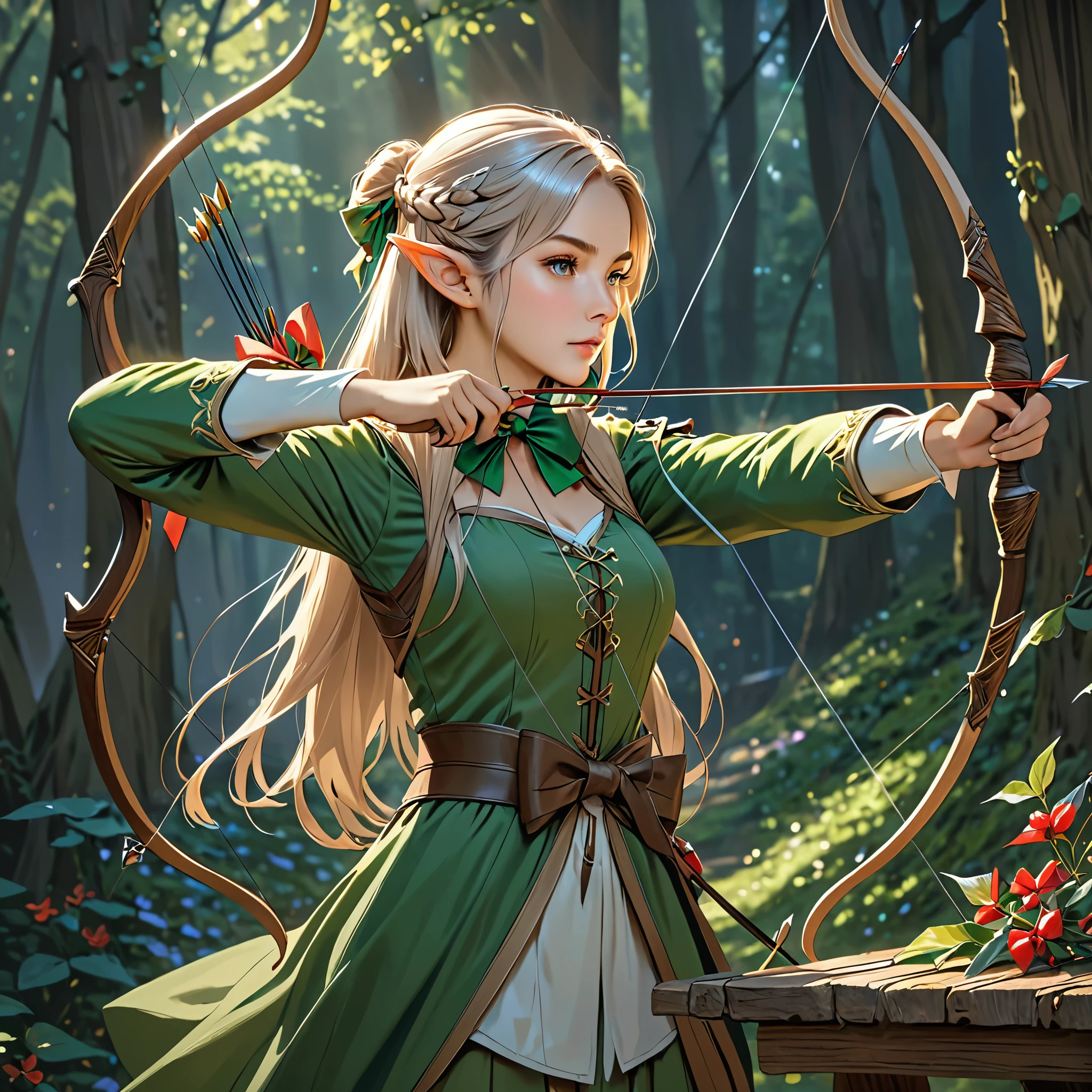 masterpiece, best quality, highres, detailed, Elf tending bows,