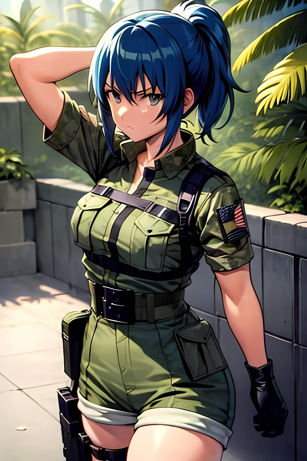 masterpiece, best quality, anime 1990s \(style\, leona heidern, mini top , short,, jungle, tactical, pony tail, serious, cammo, army, soldier, blue hair.