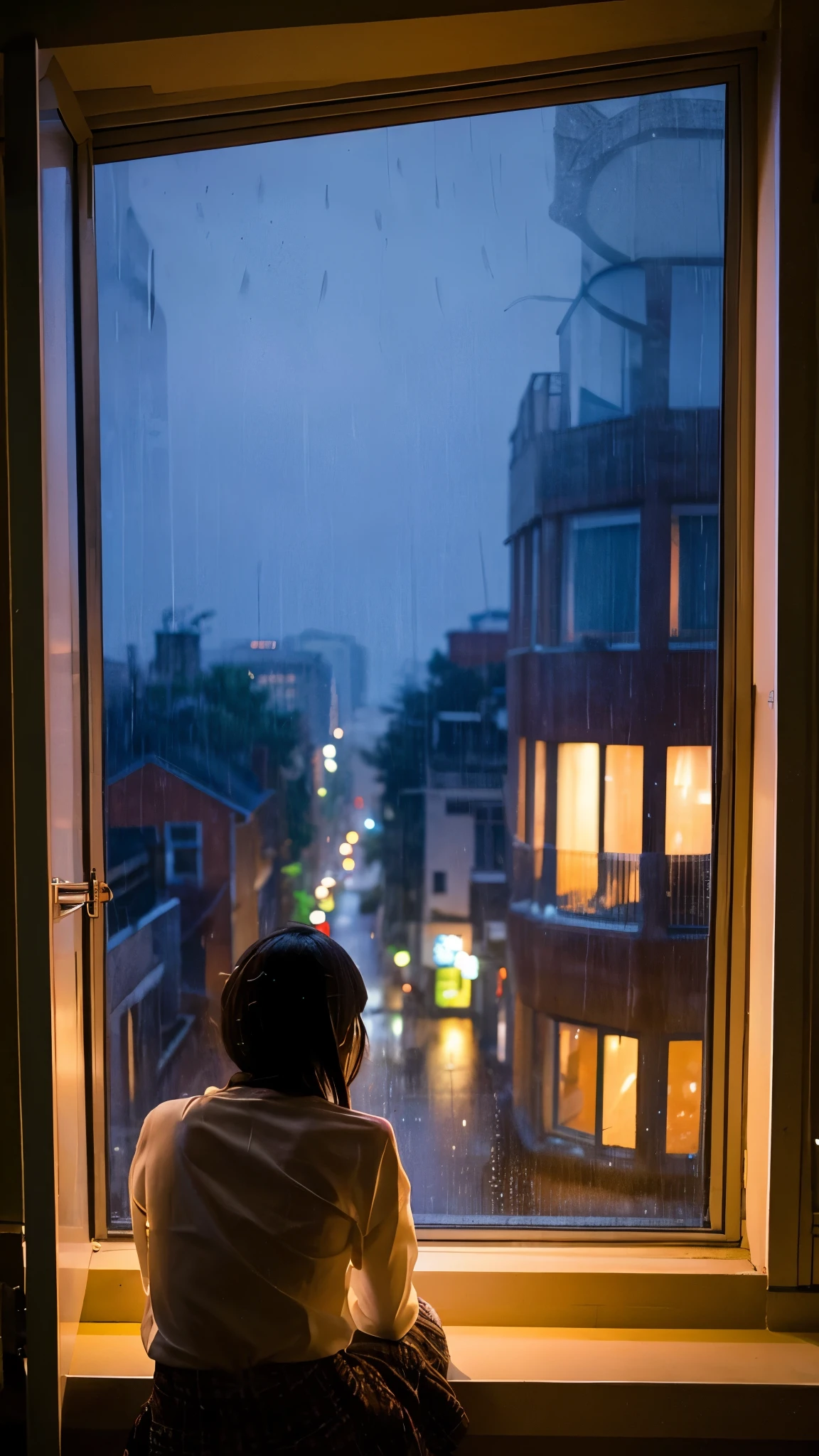 It's raining outside.、Sit by the window and enjoy the view outside１People Women、A somewhat lonely atmosphere、