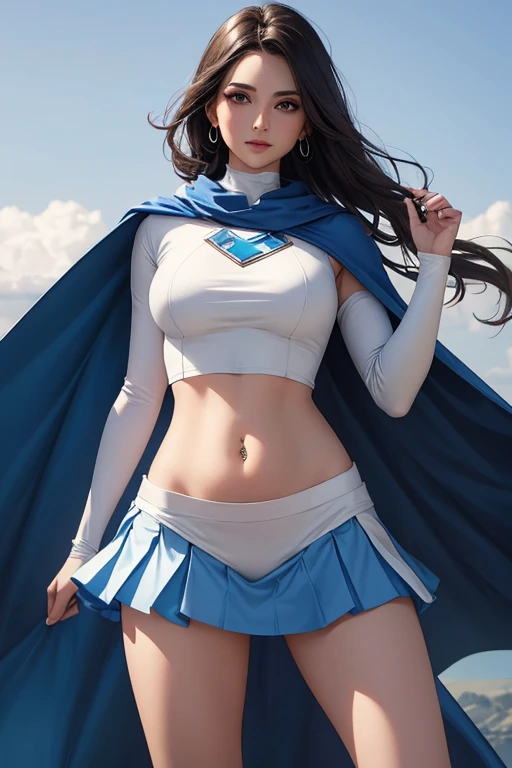 A woman in white crop top superhero costume showing navel, 40 years-old, bellybutton , blue cape, skirt , ((navel piercing))