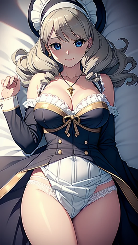 masterpiece, best quality, 1 solo girl, grey hair, blue eyes, long hair, medium breasts, sexy body and face, wavy hair, smile, early 1800s modest dress with silk or cotton, bonnets, corsets with aristocrat status, shawls, white gloves, high necklines, long sleeves, and a fitted bodice with a full skirt, under tied the chin, with ribbons, open bra, open panty, pendant, bracelet, jewelry, earrings, feather hair ornament, book, lying at the bed, night, sexy pose, cowboy shots, detailed body, face, and eyes, sharp focus, vibrant, creative, dynamic, high definition, high resolution, 8k, (Upscale: R-ESRGAN 4x+ Anime6mage enchance:4x), voluptuous body, cinema lightning, dakimakura style, looking at the view, drill hair, twin drills