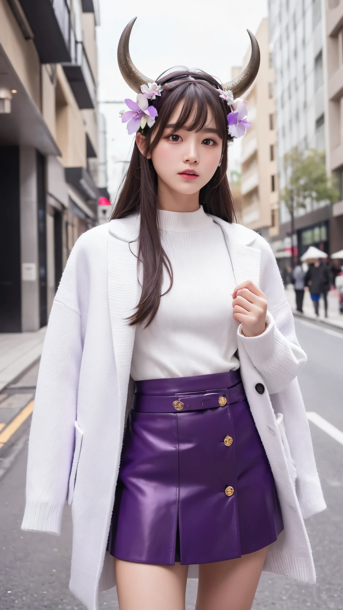 masterpiece, highest quality, High resolution, Himsul 1, Horned hat, hair flower, x Hair accessories, White sweater, Purple Jacket, flower, Long sleeve, Open clothes, Black Bow, Sleeves are longer than the wrist, skirt, Cowboy Shot, Outdoor, street, Are standing