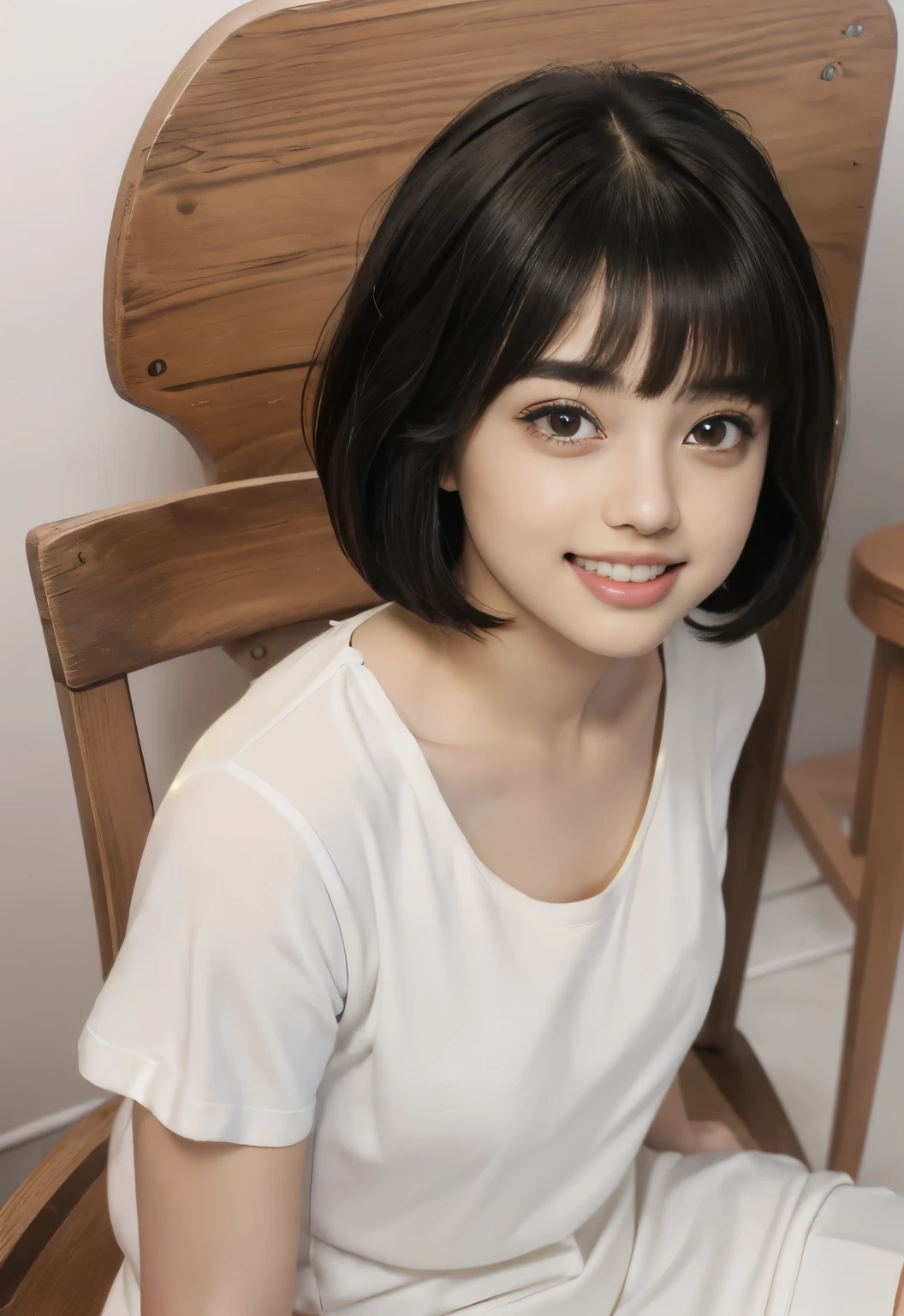 NSFW,(In 8K、highest quality、masterpiece、realistic、Super become familiar with、Photoreal)、,,(((18 year old high school girl )：radiant beautiful skin)),{small breasts：areola：nipple:become familiar with}, (((naked:(()):((pussy)))、(cute face:laughter:show teeth)、(beautiful and delicate eyes:double eyes),{{short hair}}, {{Bowl cut}}, {{straight hair}},{{Short bangs above the eyebrows,}},(lighting from below), , soft front light, beautiful expression, cute face,:,girl with short black hair and white top, short brown hair and big eyes, black hair and big eyes, Stunning facial portrait, cute realistic portrait, , Realistic young woman, realistic face,, Realistic and beautiful big eyes, surreal ,{Sitting on a wooden chair:1.5}}