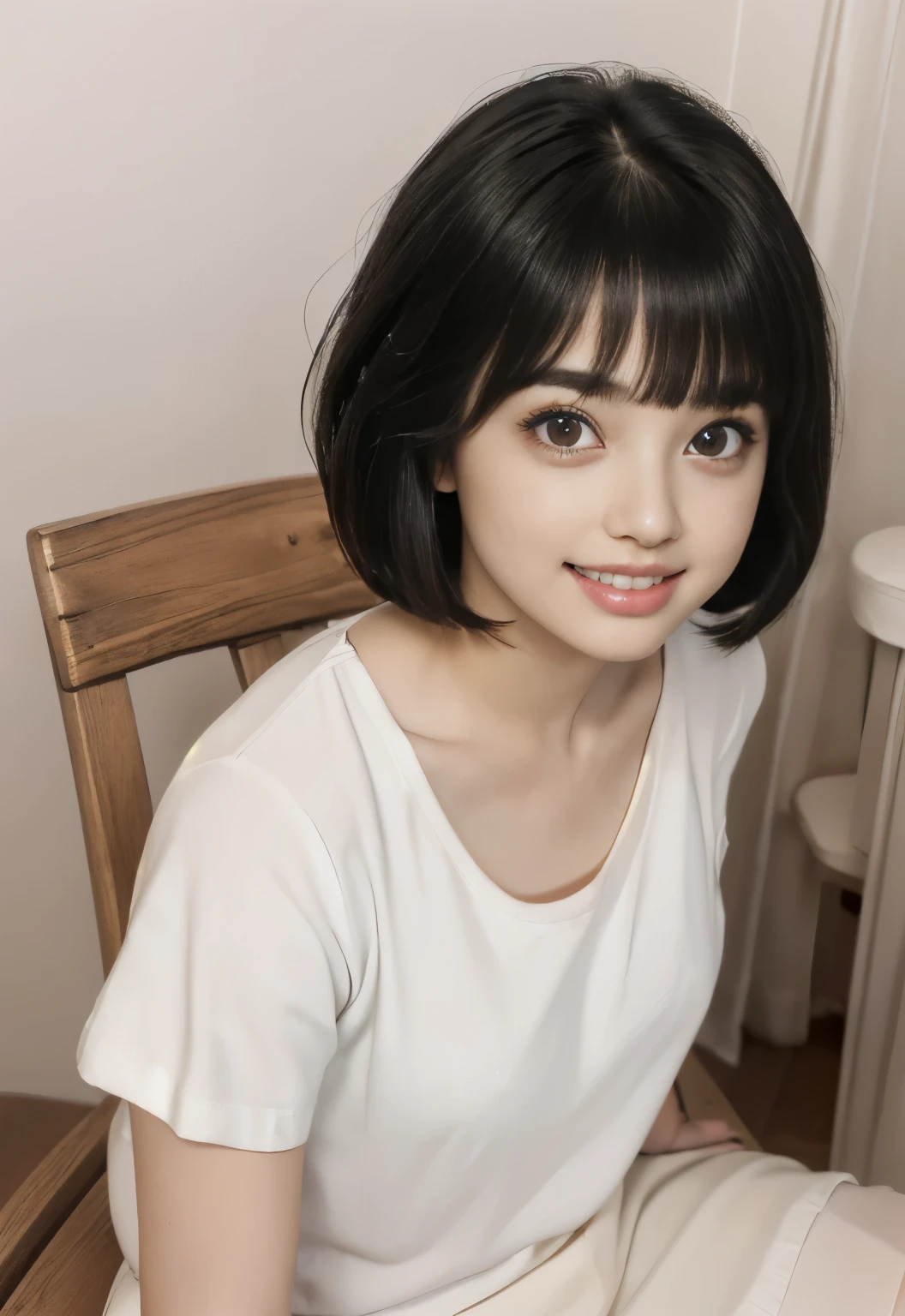 NSFW,(In 8K、highest quality、masterpiece、realistic、Super become familiar with、Photoreal)、,,(((18 year old high school girl )：radiant beautiful skin)),{small breasts：areola：nipple:become familiar with}, (((naked:(()):((pussy)))、(cute face:laughter:show teeth)、(beautiful and delicate eyes:double eyes),{{short hair}}, {{Bowl cut}}, {{straight hair}},{{Short bangs above the eyebrows,}},(lighting from below), , soft front light, beautiful expression, cute face,:,girl with short black hair and white top, short brown hair and big eyes, black hair and big eyes, Stunning facial portrait, cute realistic portrait, , Realistic young woman, realistic face,, Realistic and beautiful big eyes, surreal ,{Sitting on a wooden chair:1.5}}