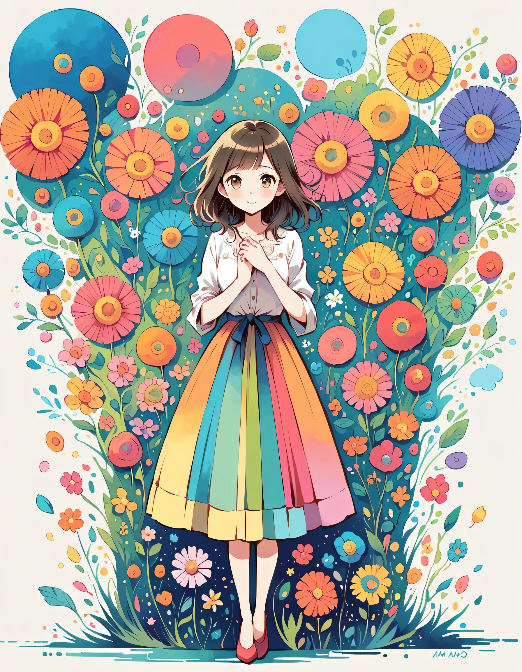 Kishida Mel style, Standing in front of a high wall,Simple Line Initialism,Abstract art,Urban Background, (((The most beautiful girl))), colorful flowers