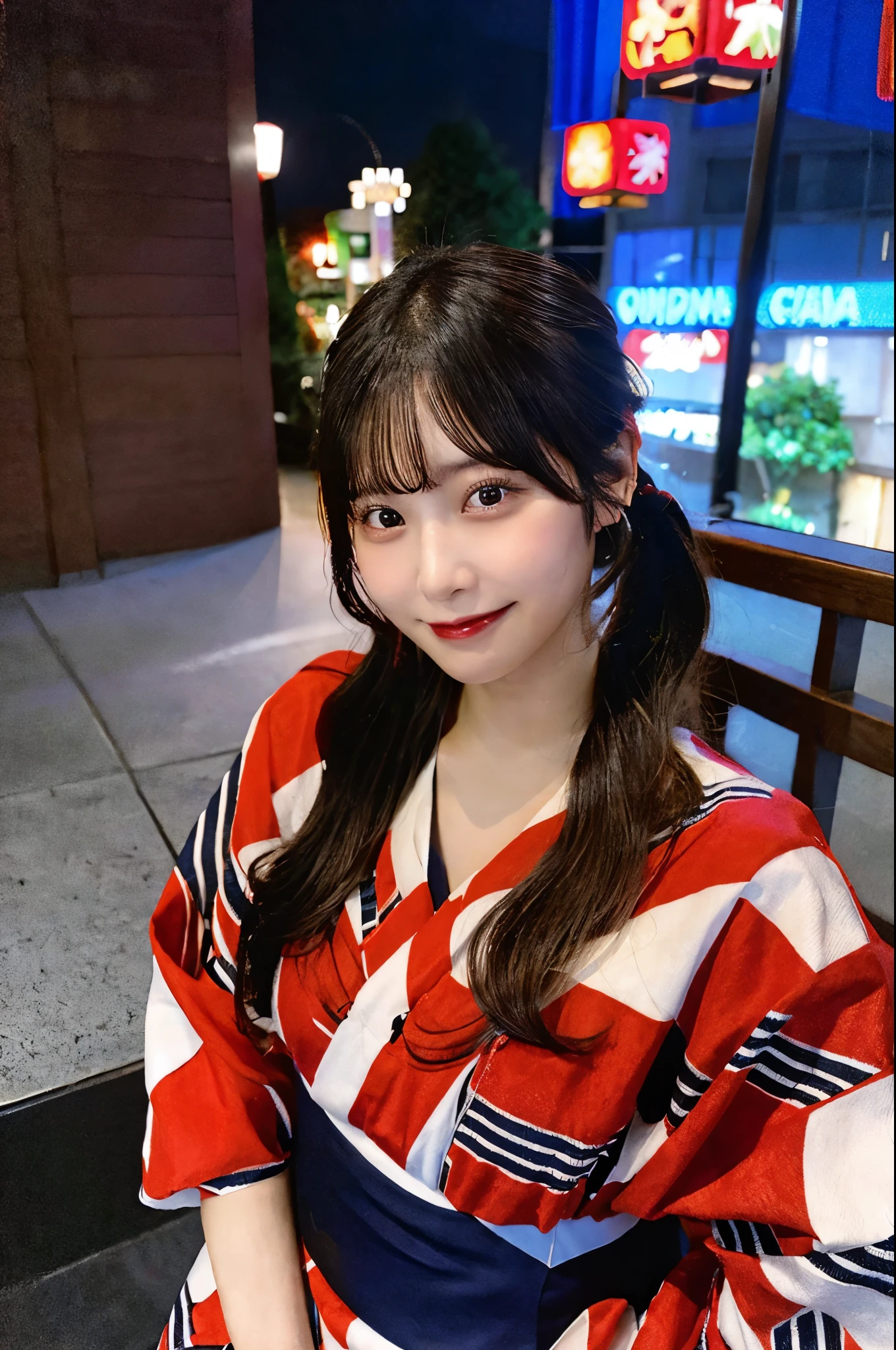 Angle from directly above、Wearing a red yukata、Striped fabric、night、Superior hotel、Black hair in a ponytail、(Summer kimono、Very large breasts、Very thin and long legs、Perfect figure、whole body、smile)、1 female、No makeup、23 years old、futon、(masterpiece、8K,RAW Photos、High resolution:1.4)