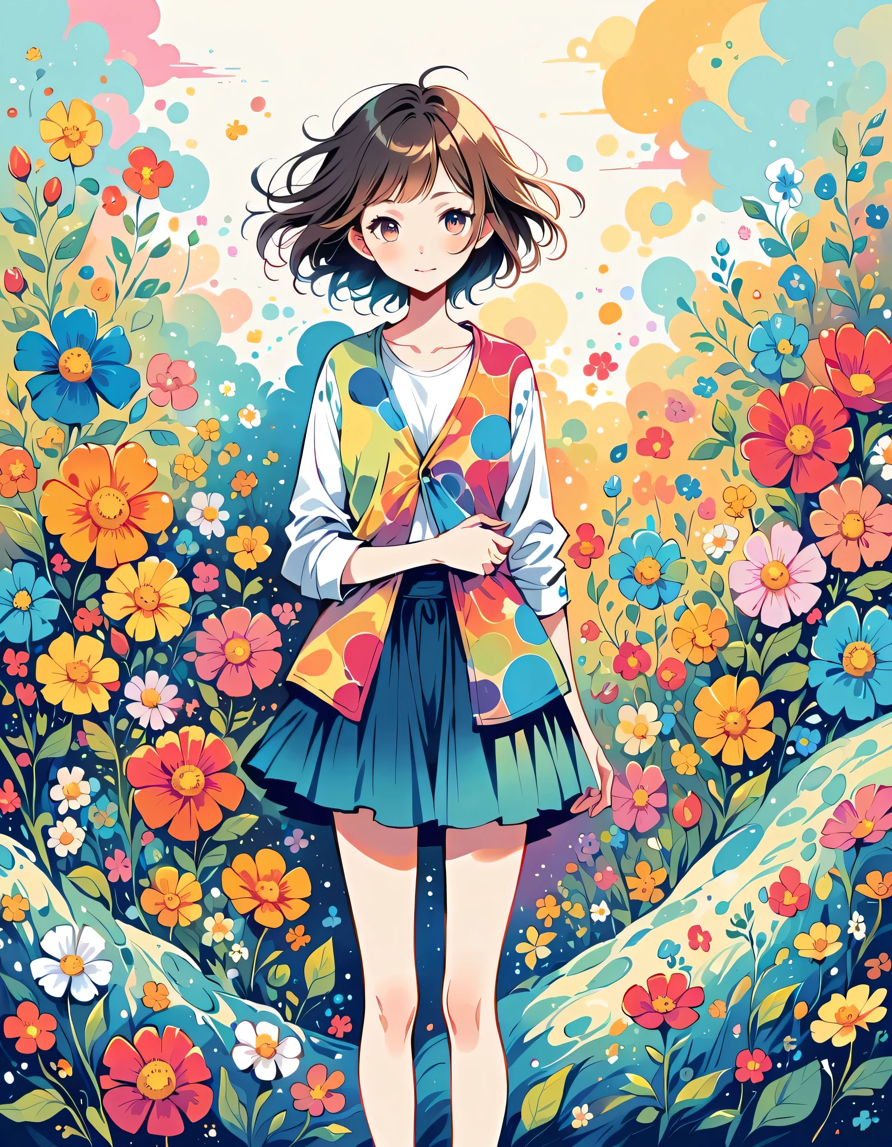 Kishida Mel style, Standing in front of a high wall,Simple Line Initialism,Abstract art,Urban Background, (((The most beautiful girl))), colorful flowers