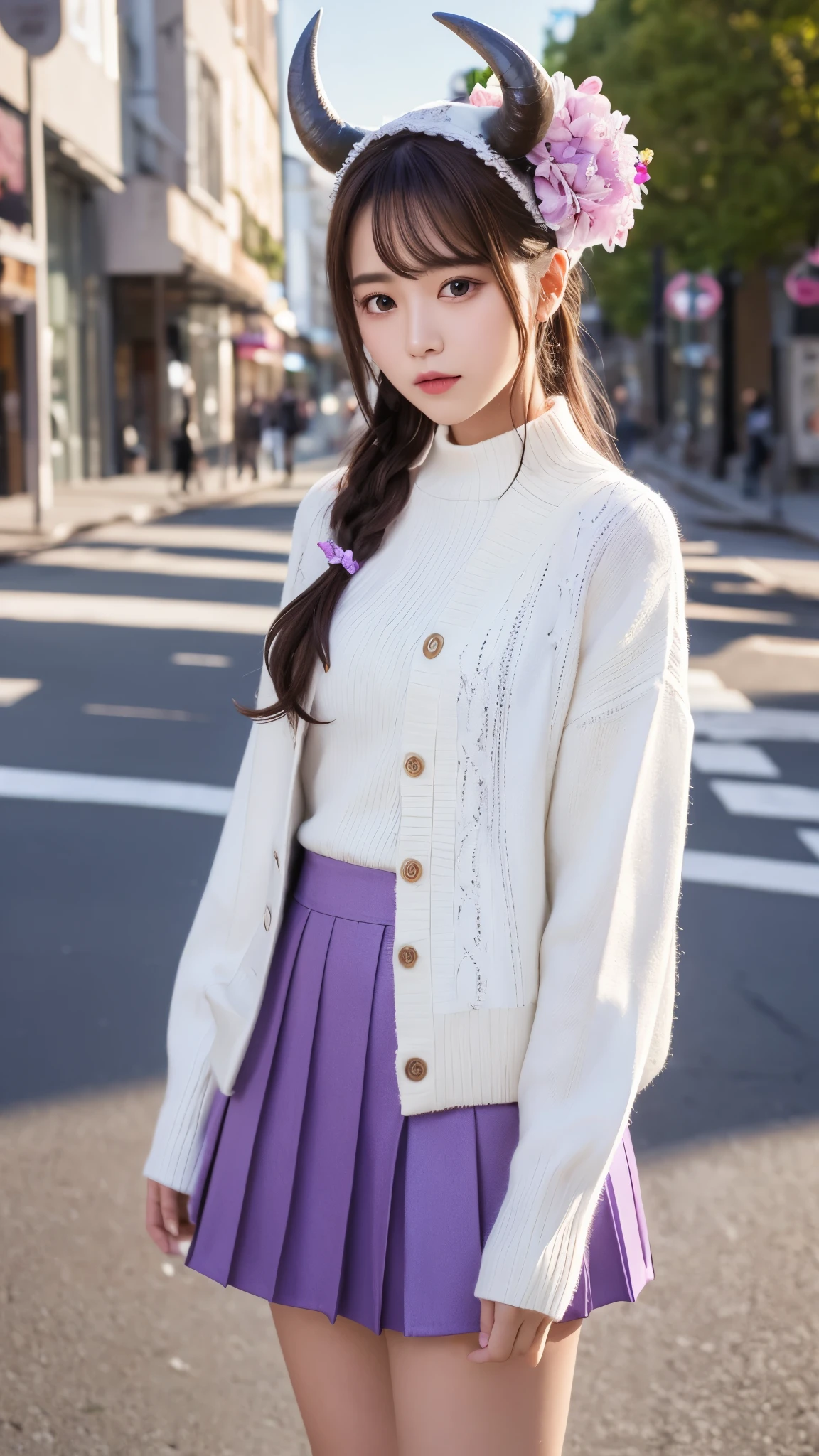 masterpiece, highest quality, High resolution, Himsul 1, Horned hat, hair flower, x Hair accessories, White sweater, Purple Jacket, flower, Long sleeve, Open clothes, Black Bow, Sleeves are longer than the wrist, skirt, Cowboy Shot, Outdoor, street, Are standing