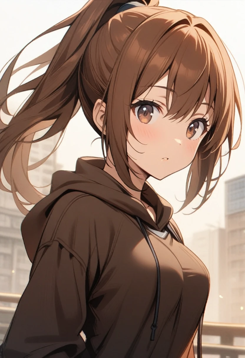 1girl, brown hair, ponytail, dark brown eyes, medium breasts,