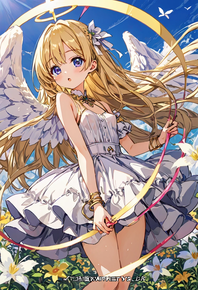 (((nsfw))), masterpiece, 8k, Girl, Small breasts, 12yo, Angel,Lightの羽, Sky, Light, god々Shii, まぶShii, Blonde, nipple