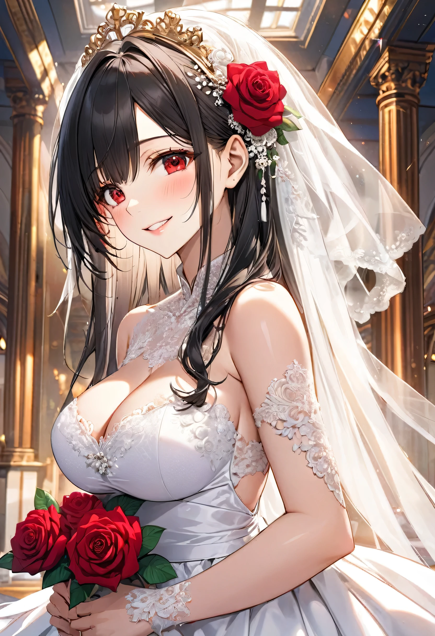 (A glorious ceremony style) (beautiful make-up) (solo straight black hair long hair cute dominance bride girl, beautiful red eyes, Rouge lipstick, sexy grin, big tits), (18 yo), (in a red rose:1.2 immensely silk:1.4 Wedding dress), BREAK, in the Ceremony Hall in the Sky, perfect anatomy, masterpiece, best quality, 16k, beautiful detailed grow, daydreaming expression.