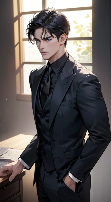 (best quality, masterpiece, 8K, photorealistic, cinematic lighting, hdr image, ultra detailed, beautiful image), 1 man, mature 35 years, very handsome, serious expression, short black hair, blue eyes, arranging suit