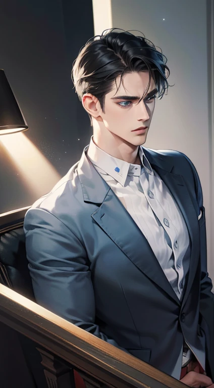 (best quality, masterpiece, 8K, photorealistic, cinematic lighting, hdr image, ultra detailed, beautiful image), 1 man, mature 35 years, very handsome, serious expression, short black hair, blue eyes, arranging suit