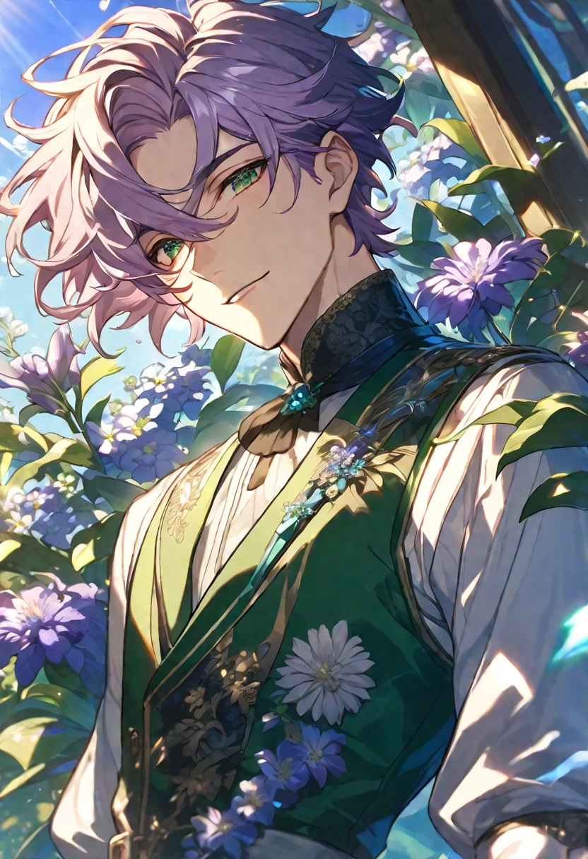 Solo, handsome, male, light purple hair, short hair, dark green eyes, fancy clothing, flowers, sun shinning