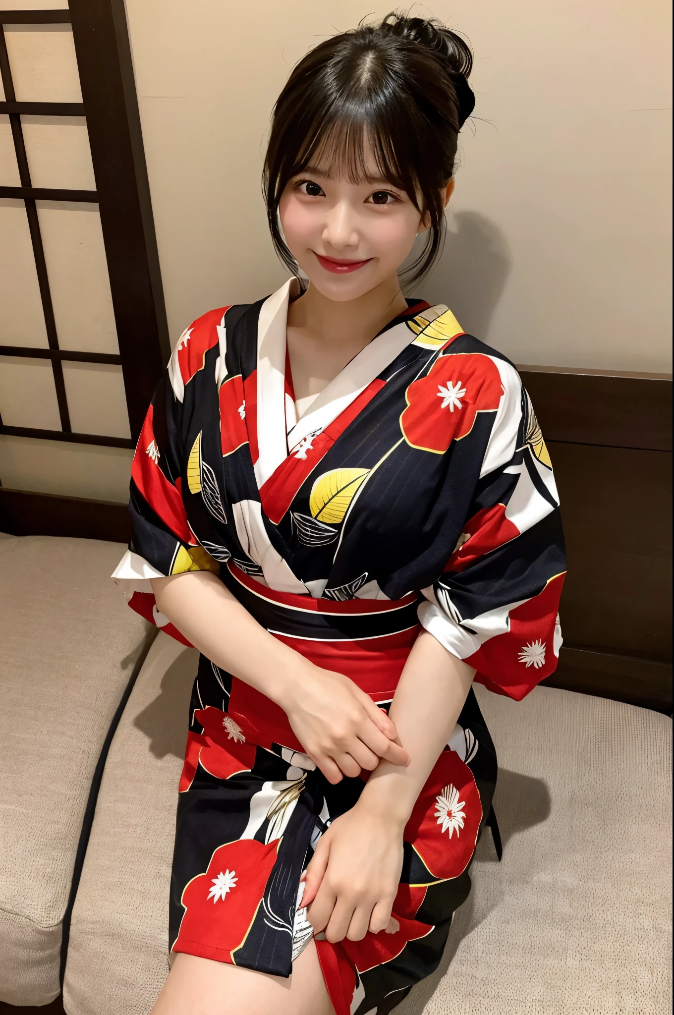 Angle from directly above、Wearing a red yukata、Striped fabric、night、Superior hotel、Black hair in a ponytail、(Summer kimono、Very large breasts、Very thin and long legs、Perfect figure、whole body、smile)、1 female、No makeup、23 years old、futon、(masterpiece、8K,RAW Photos、High resolution:1.4)