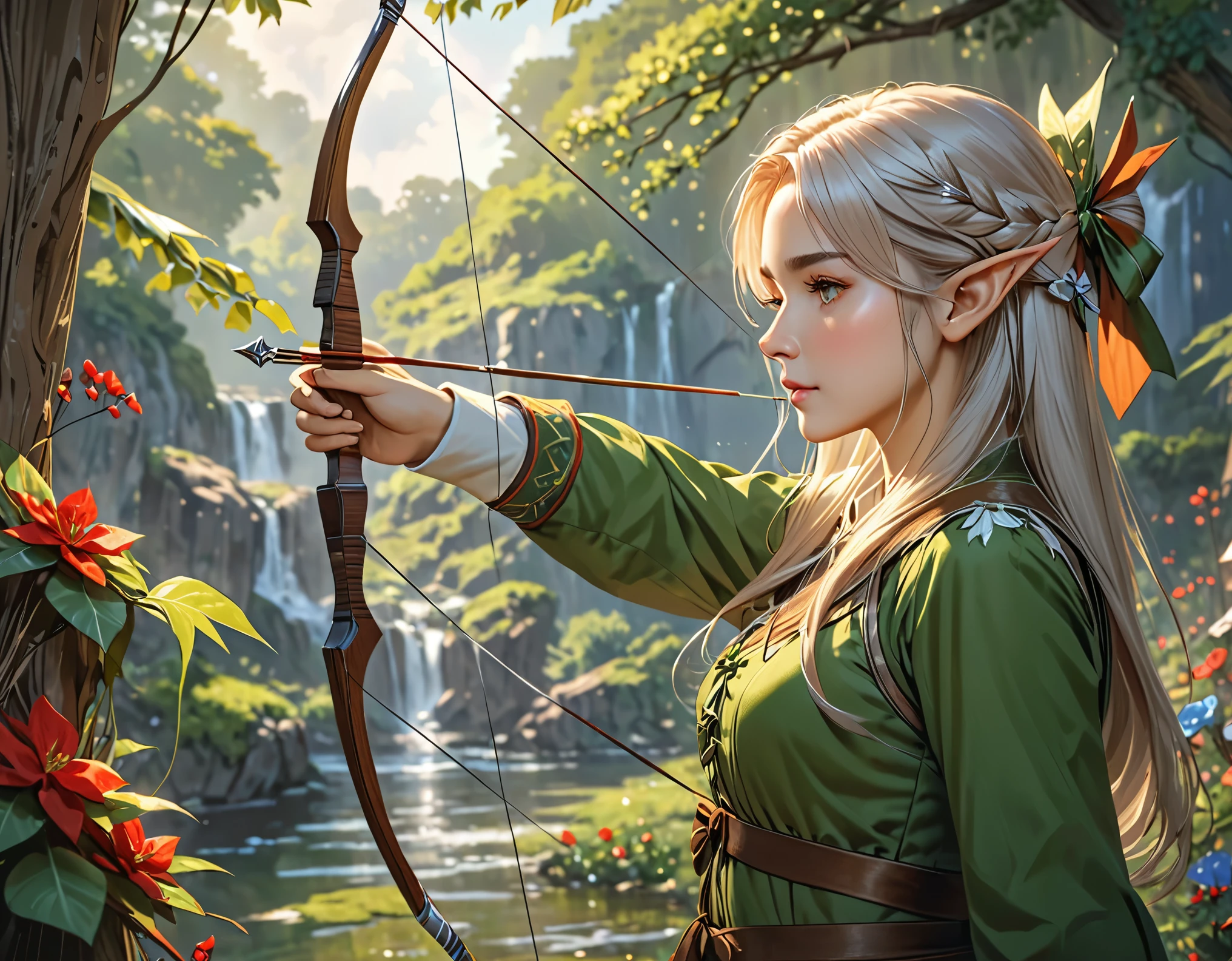 masterpiece, best quality, highres, detailed, Elf tending bows,