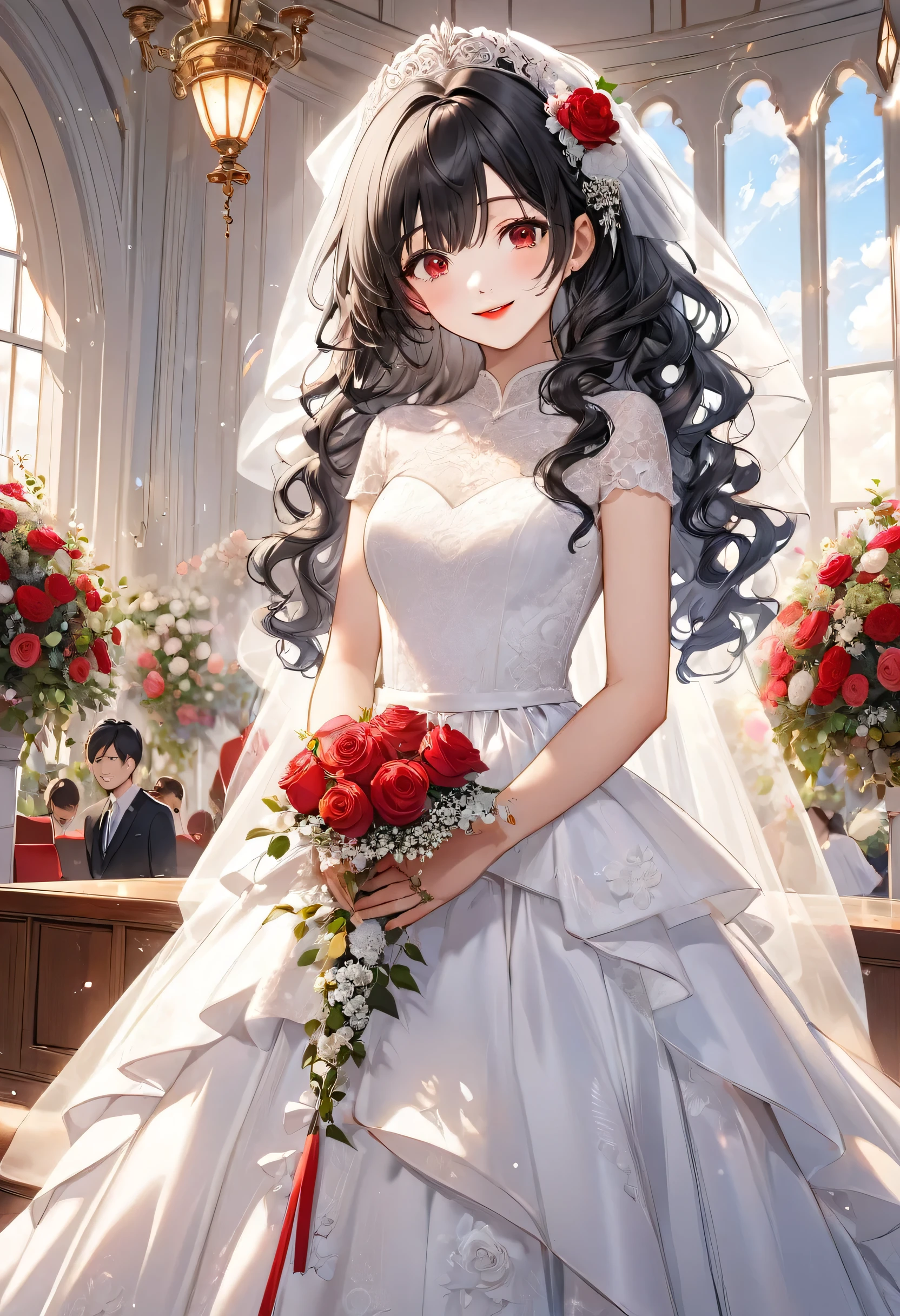 (A glorious ceremony style) (beautiful make-up) (solo curly:1.3 black hair long hair lovely bride girl, beautiful red eyes, Rouge lipstick, love smile), (15 yo), (in a white rose:1.2 immensely silk:1.2 Wedding dress), BREAK, in the Ceremony Hall in the Sky, perfect anatomy, masterpiece, best quality, 16k, beautiful detailed grow, daydreaming expression.