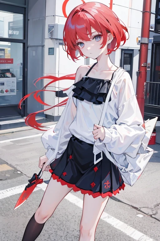 red hair, hair spread out, short hair, expressionless, tired, hair over shoulder, from side, 8k, super detail, ccurate, best quality, fullbody, take a knife
