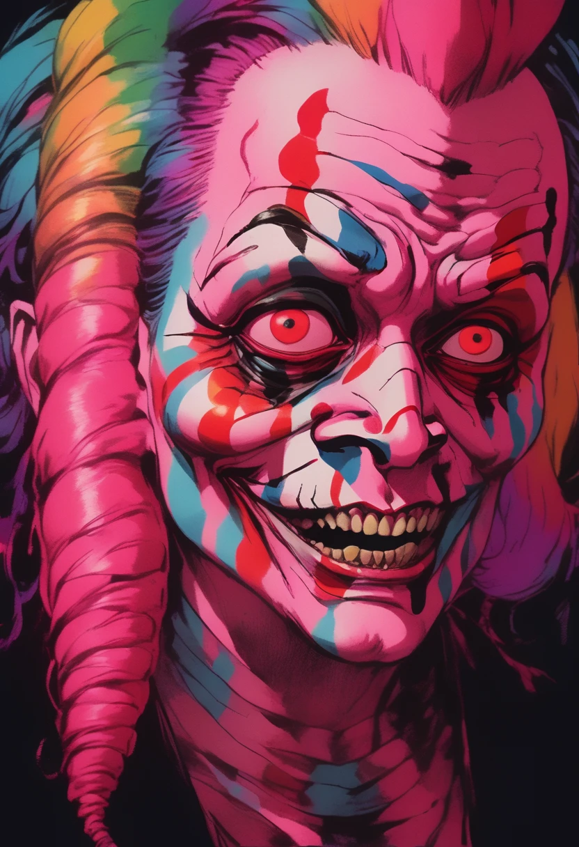 Clown horns huge teeth pierced eyes green tears oozing blood terror background cheerful sick --auto --s2
